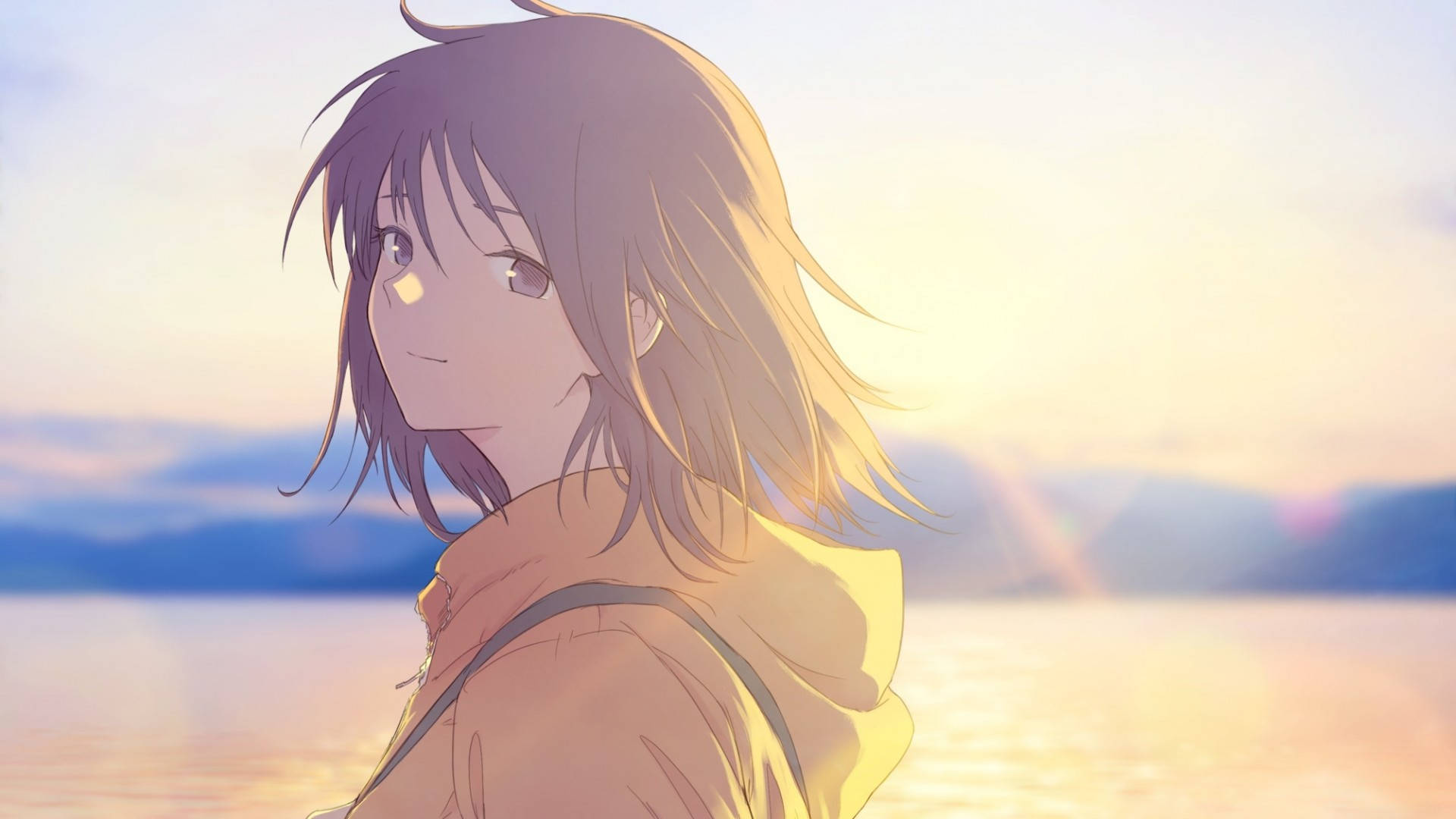 夕焼けのアニメ少女パーカー 壁紙