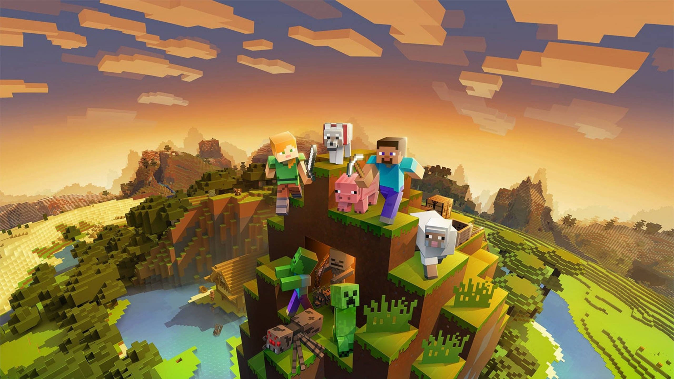 夕焼けの山 2560x1440 Minecraft 壁紙