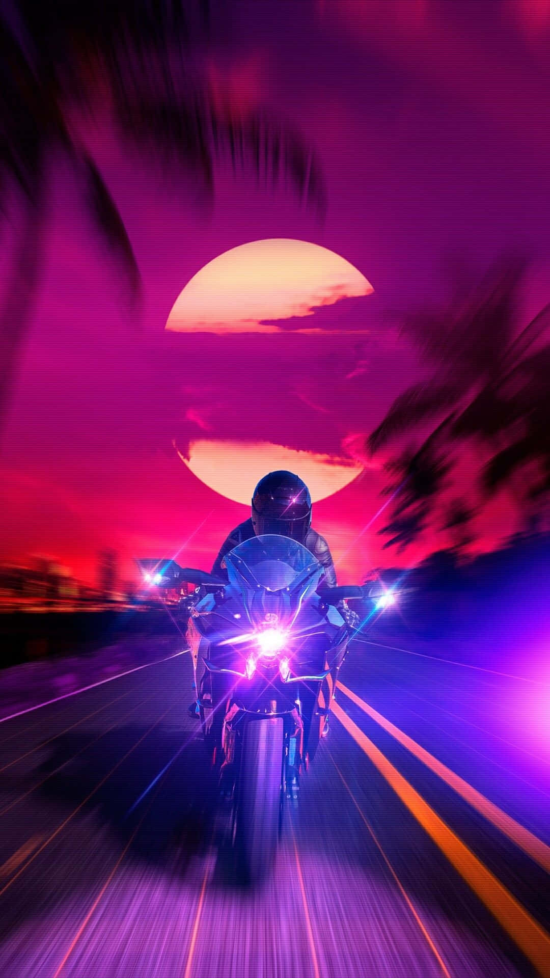 夕焼けの道をバイクが走る 壁紙