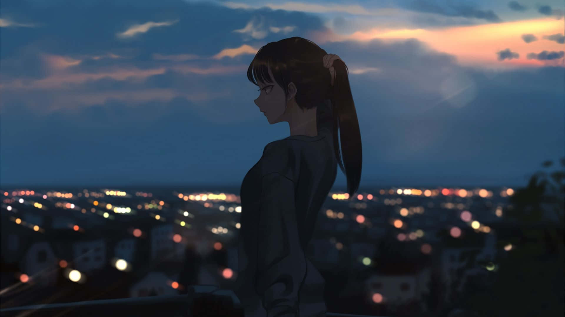 夜のアニメ街並みを見下ろす女性 壁紙