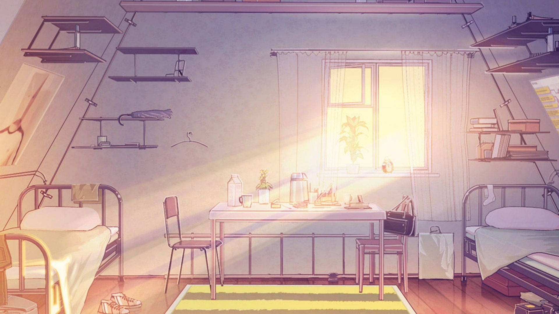 夜のアニメ風部屋の鮮やかな風景 壁紙
