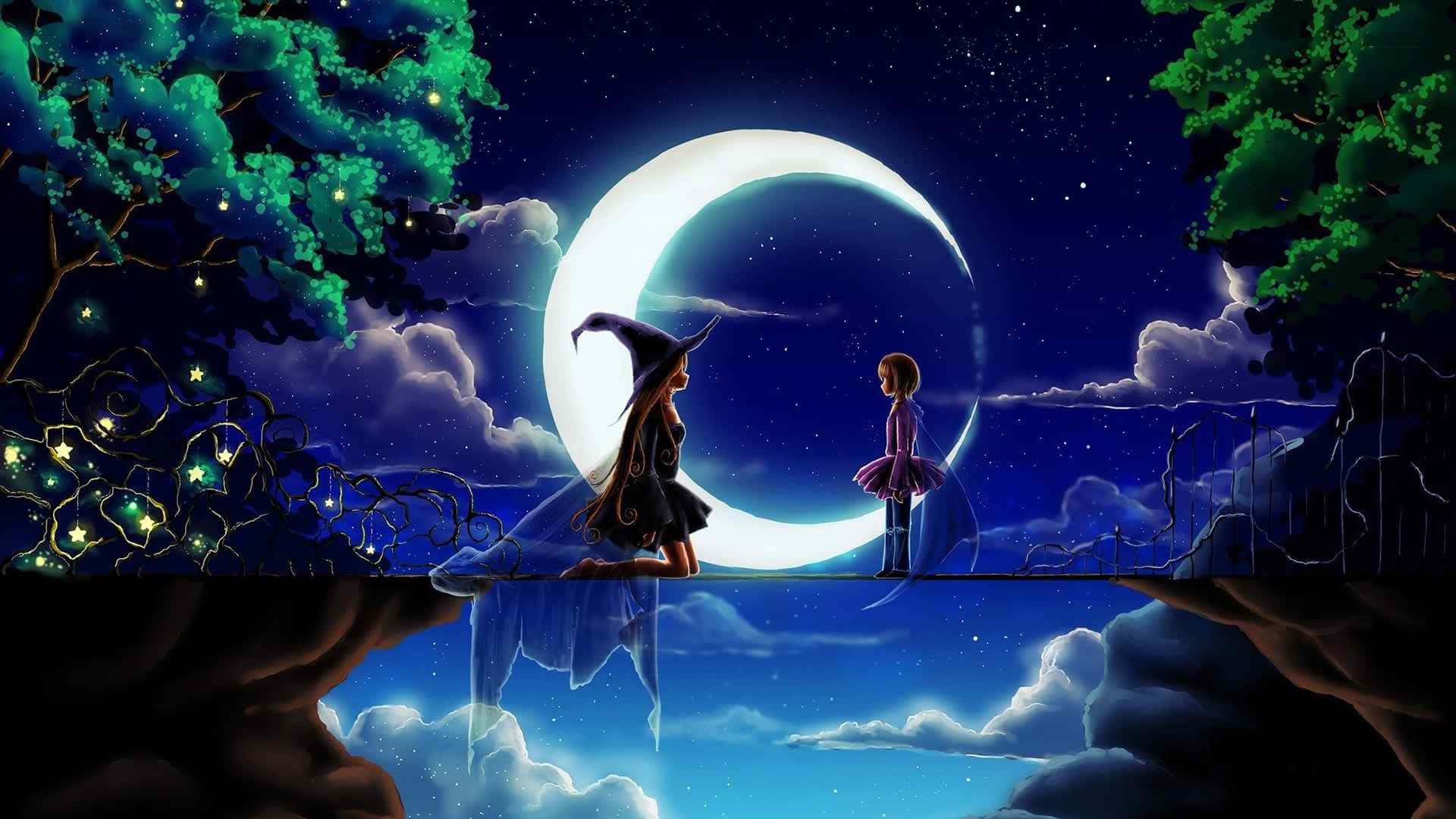 夜の橋に立つ少女と少年 壁紙