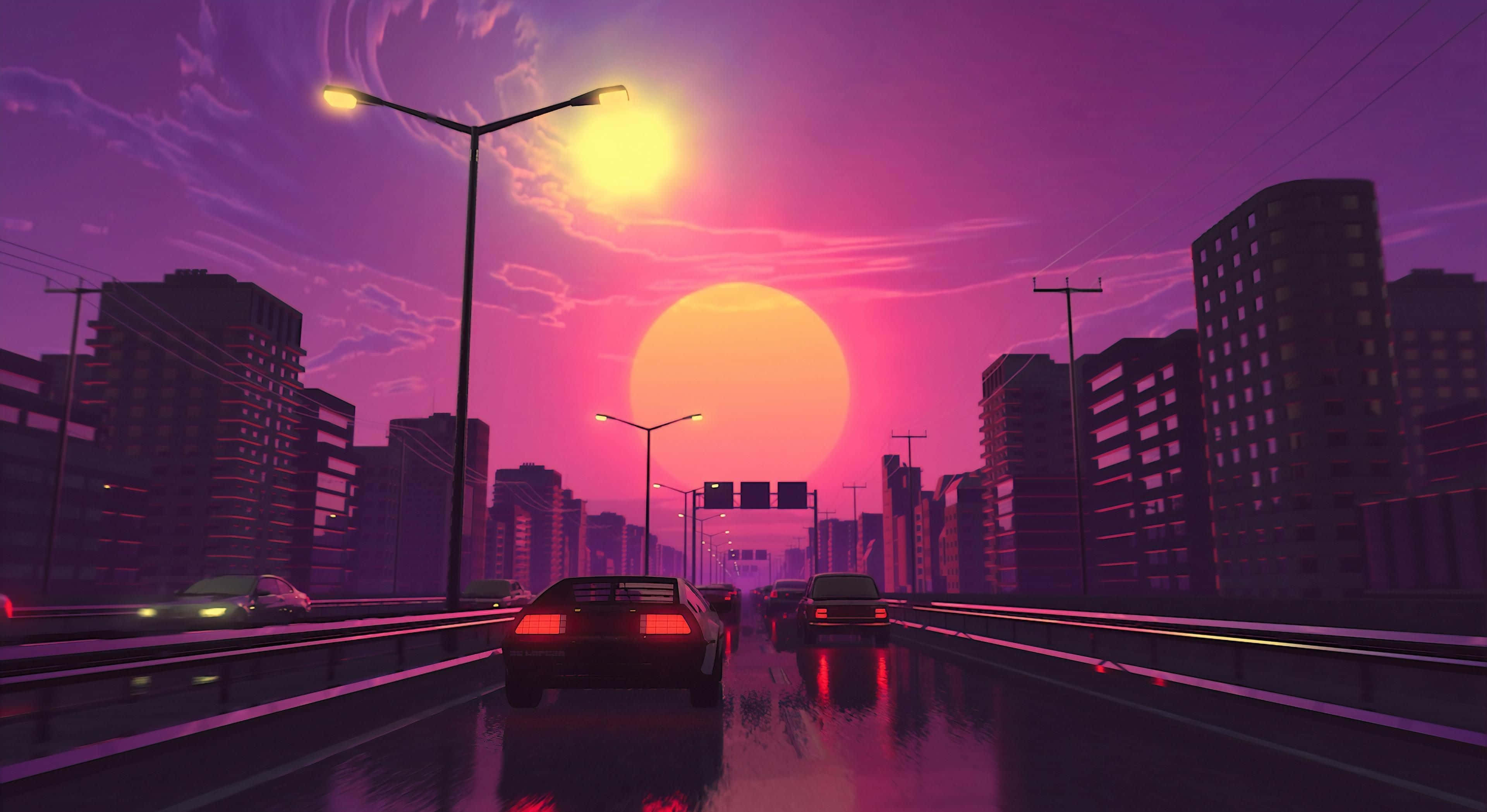 夜の街を車が走る風景 壁紙