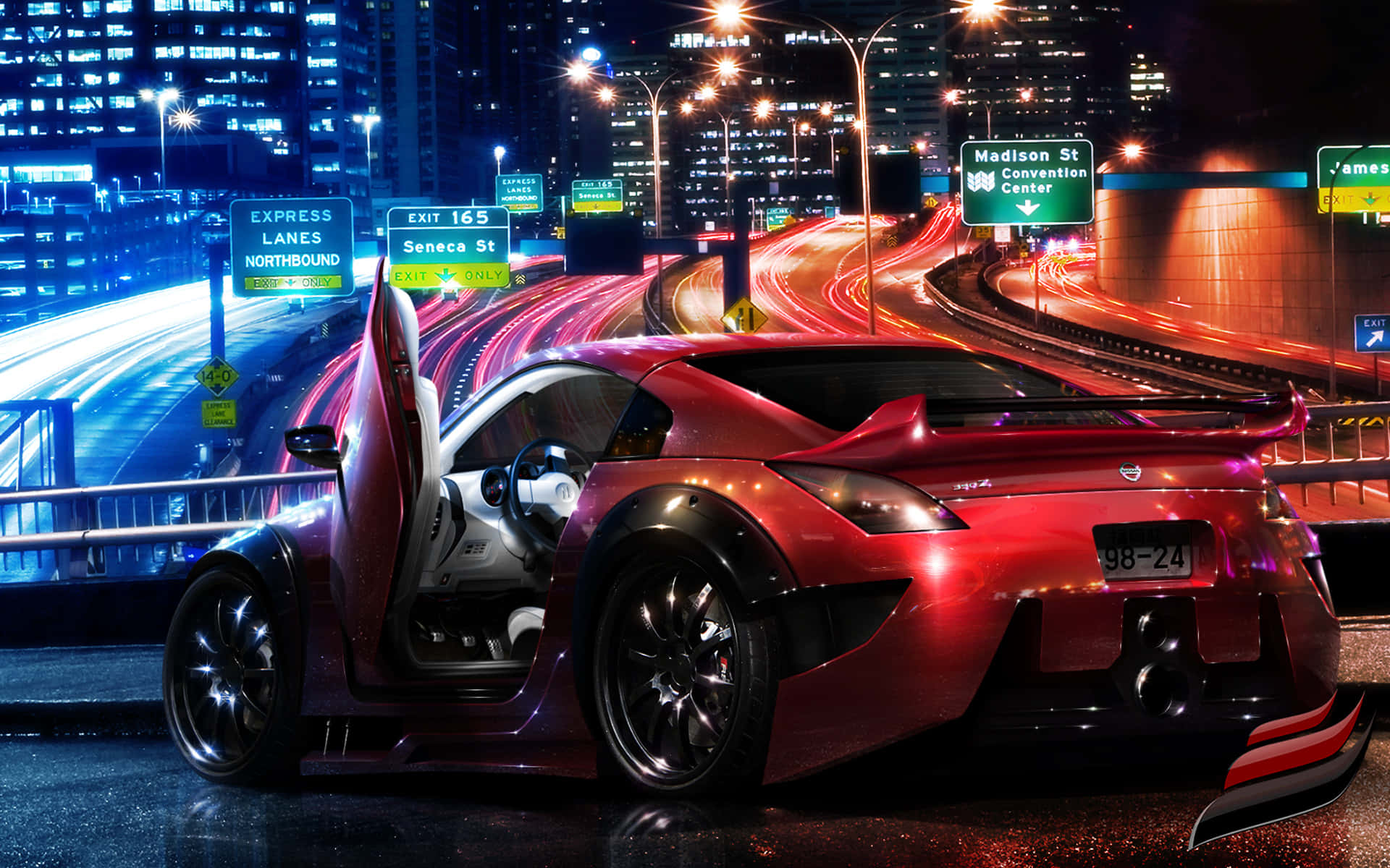 夜の通りを走る赤いスポーツカー 壁紙