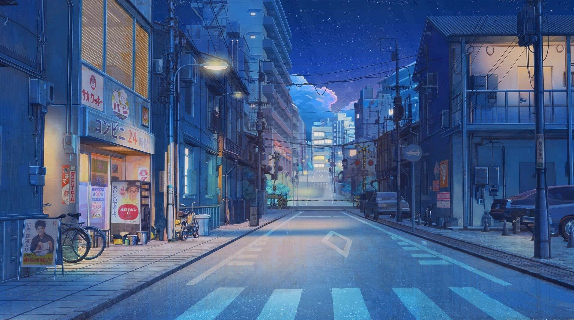 夜の青いアニメ風日本の街並み 壁紙