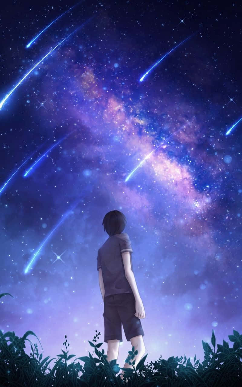 夜空を見上げる少年のアニメ風景 壁紙