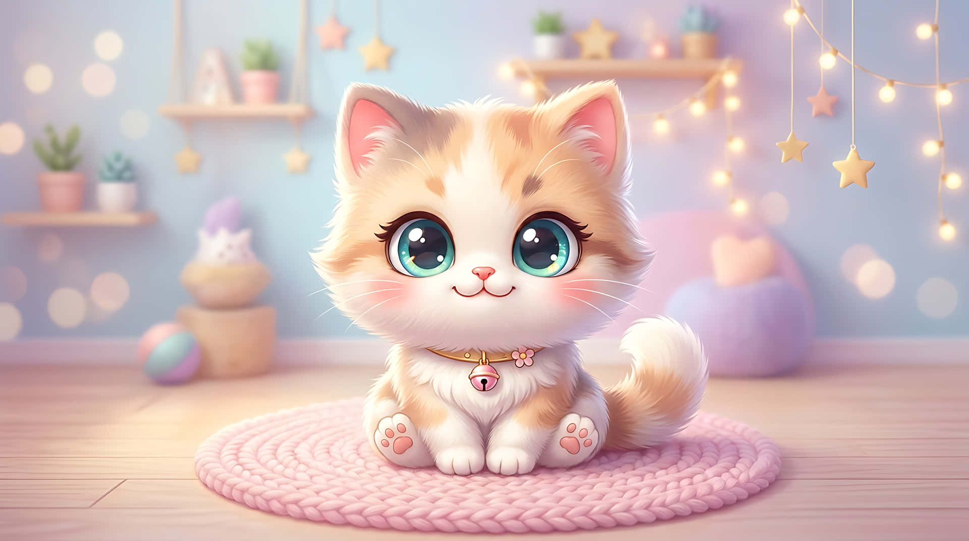 子猫、猫、ちび、かわいい、イラスト、漫画、パステル、ペット、動物、大きな瞳、愛らしい、フェアリーライト、居心地の良い、部屋、インテリア、デジタルアート、3Dレンダリング、甘い、ふわふわ