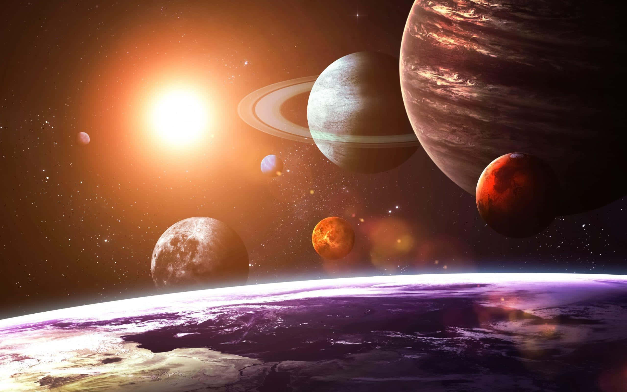 太陽系の惑星が地球の上空に浮かぶ 壁紙