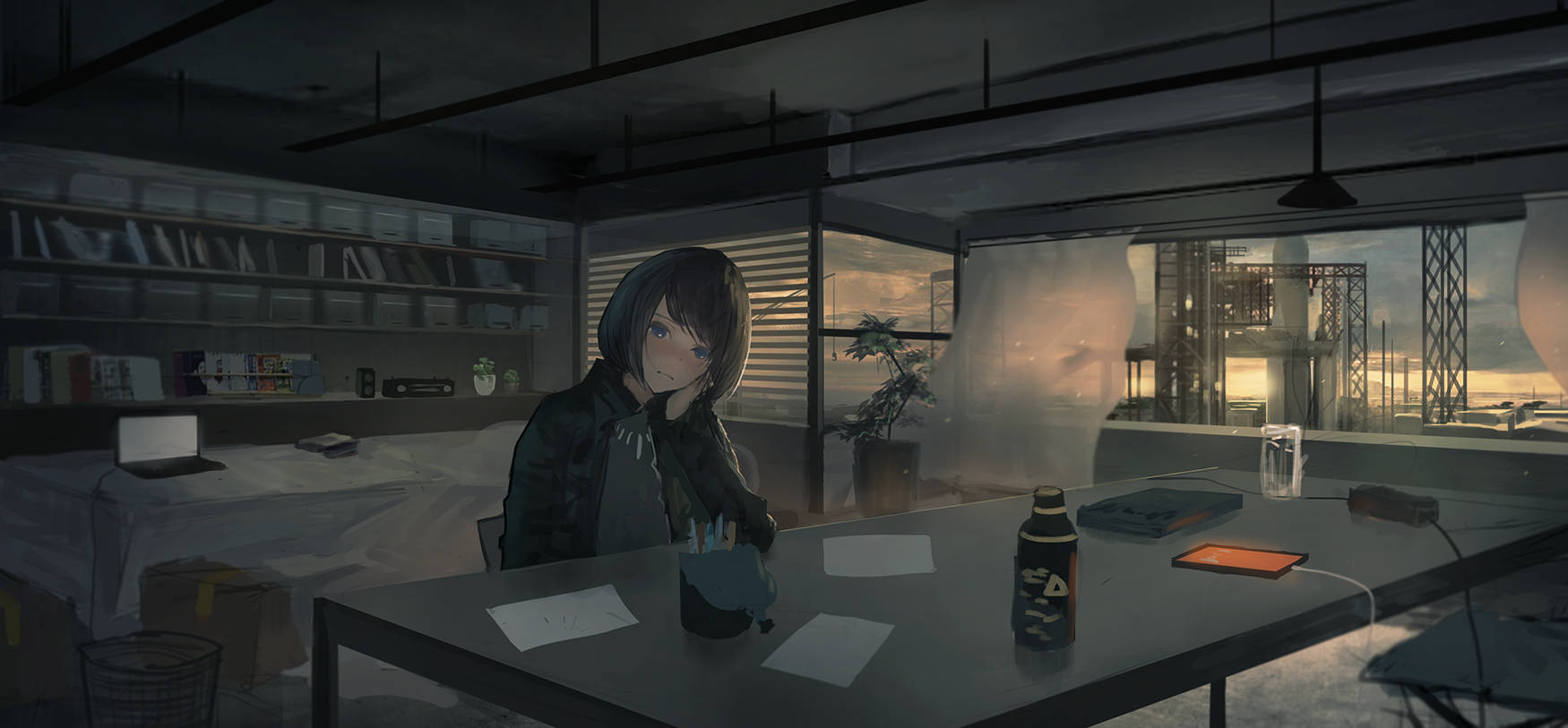 孤独なアニメ少女がノートパソコンの机にだらける 壁紙