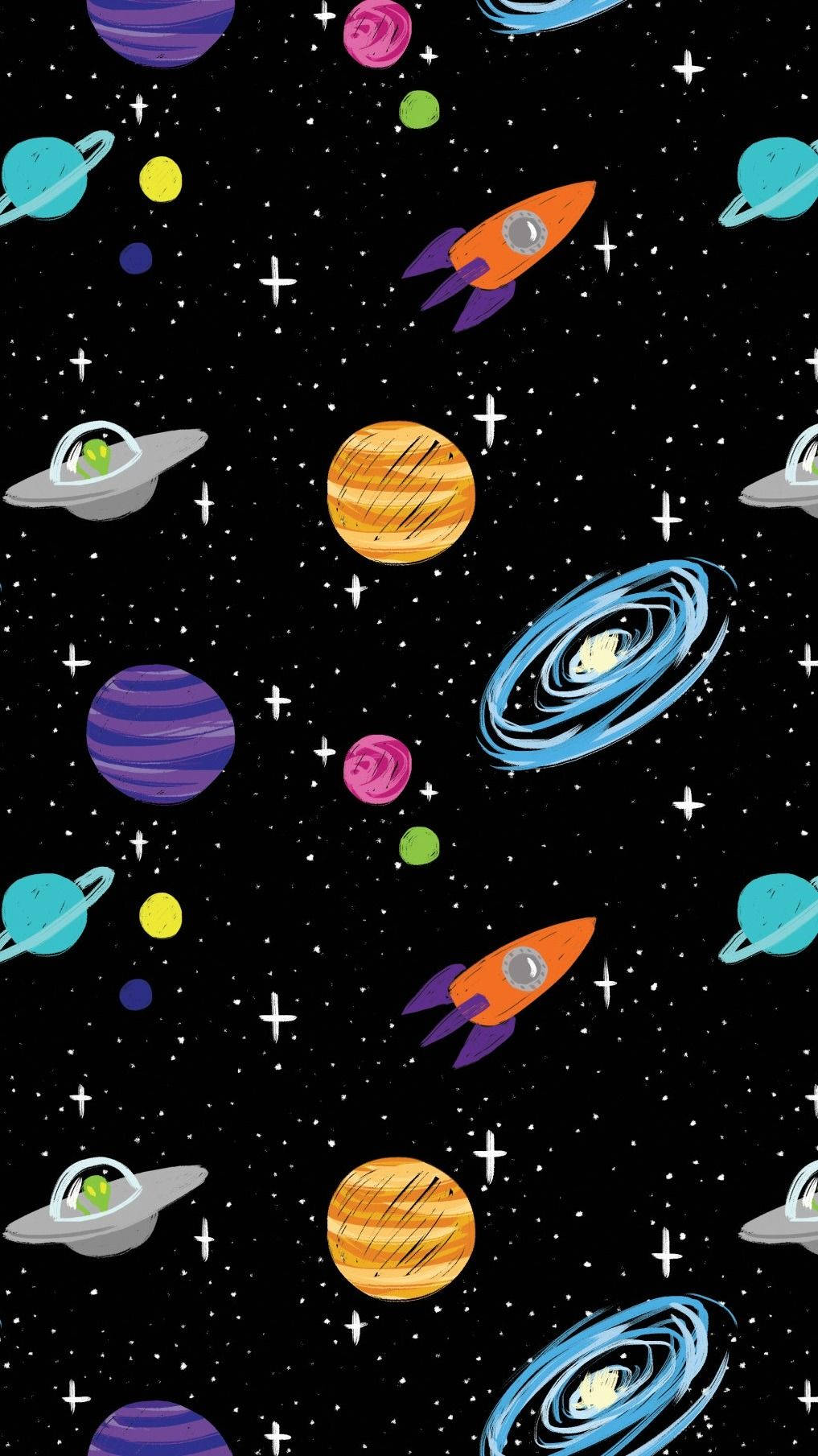 宇宙の惑星と落書きパターンの壁紙