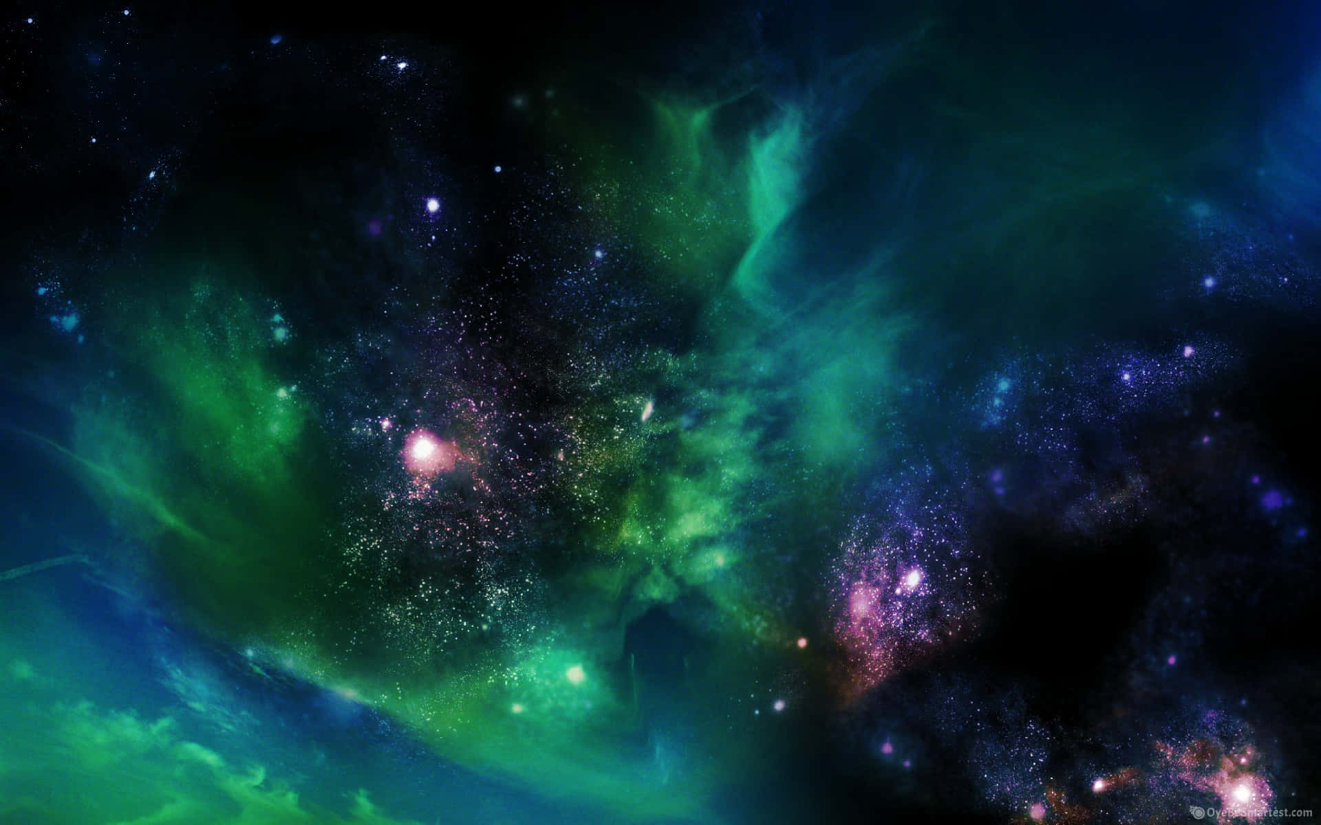 宇宙の緑の銀河雲とピンクの星々 壁紙