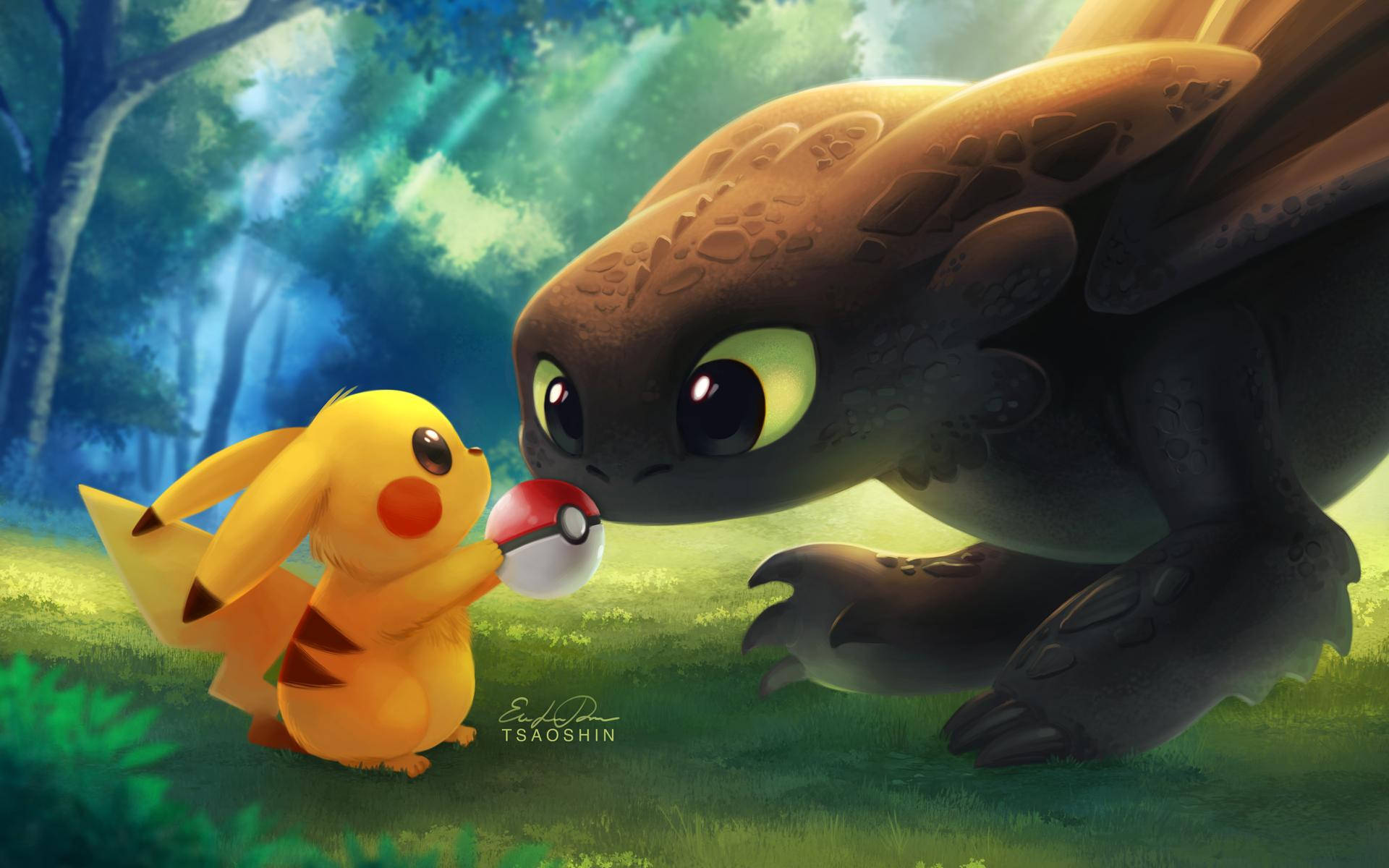 トゥースレスとピカチュウのクロスオーバーアート、ポケモンの壁紙