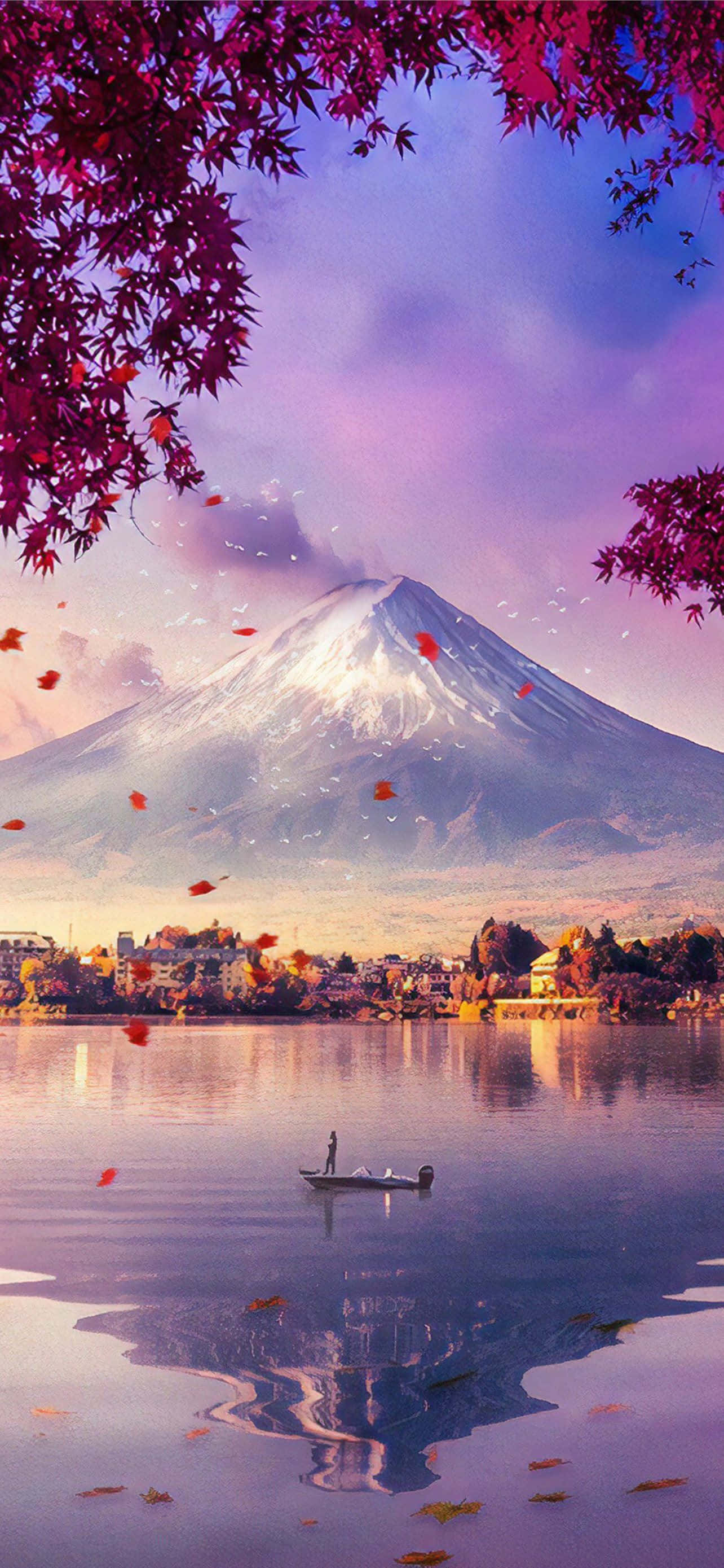 富士山頂と湖、舞い落ちる紅葉 壁紙