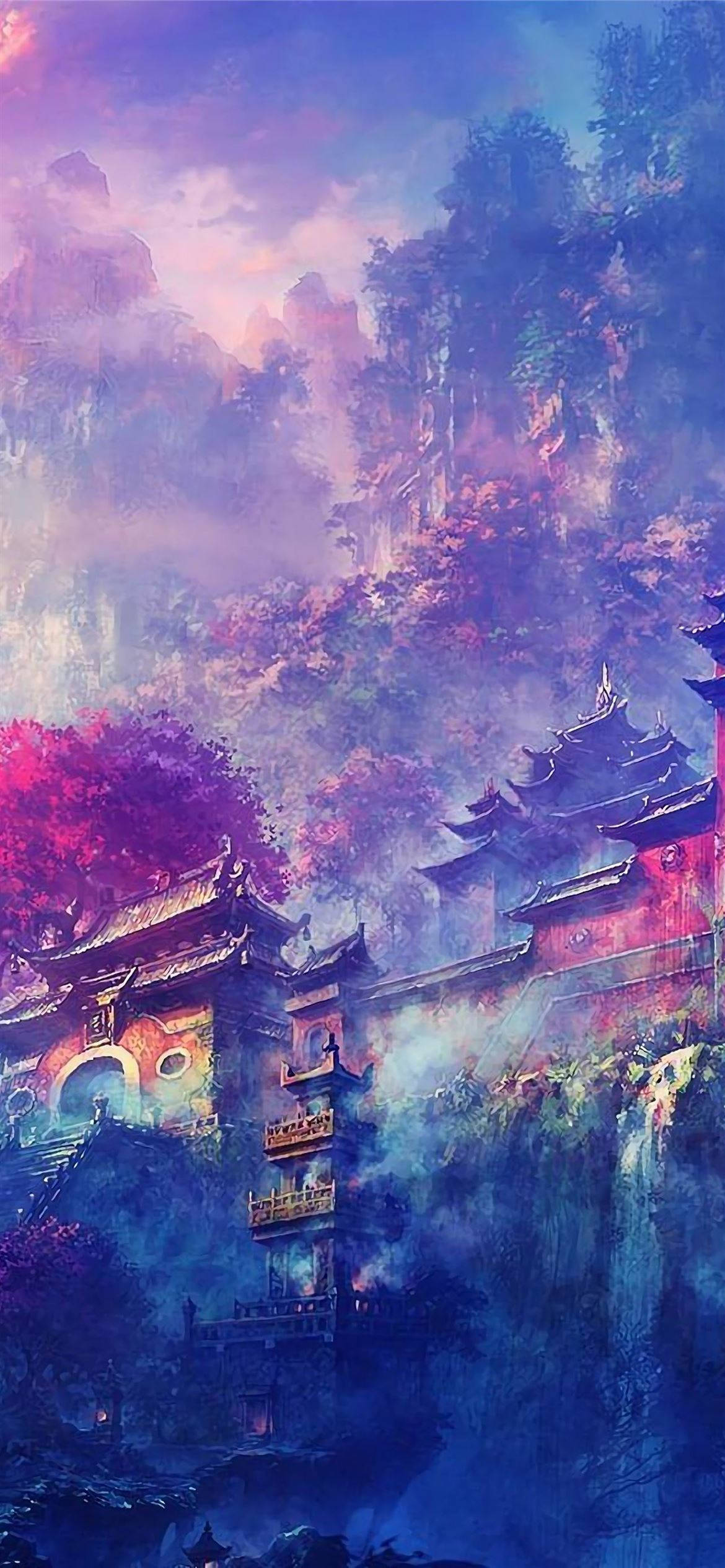 寺院 パープル アニメ風美観 壁紙