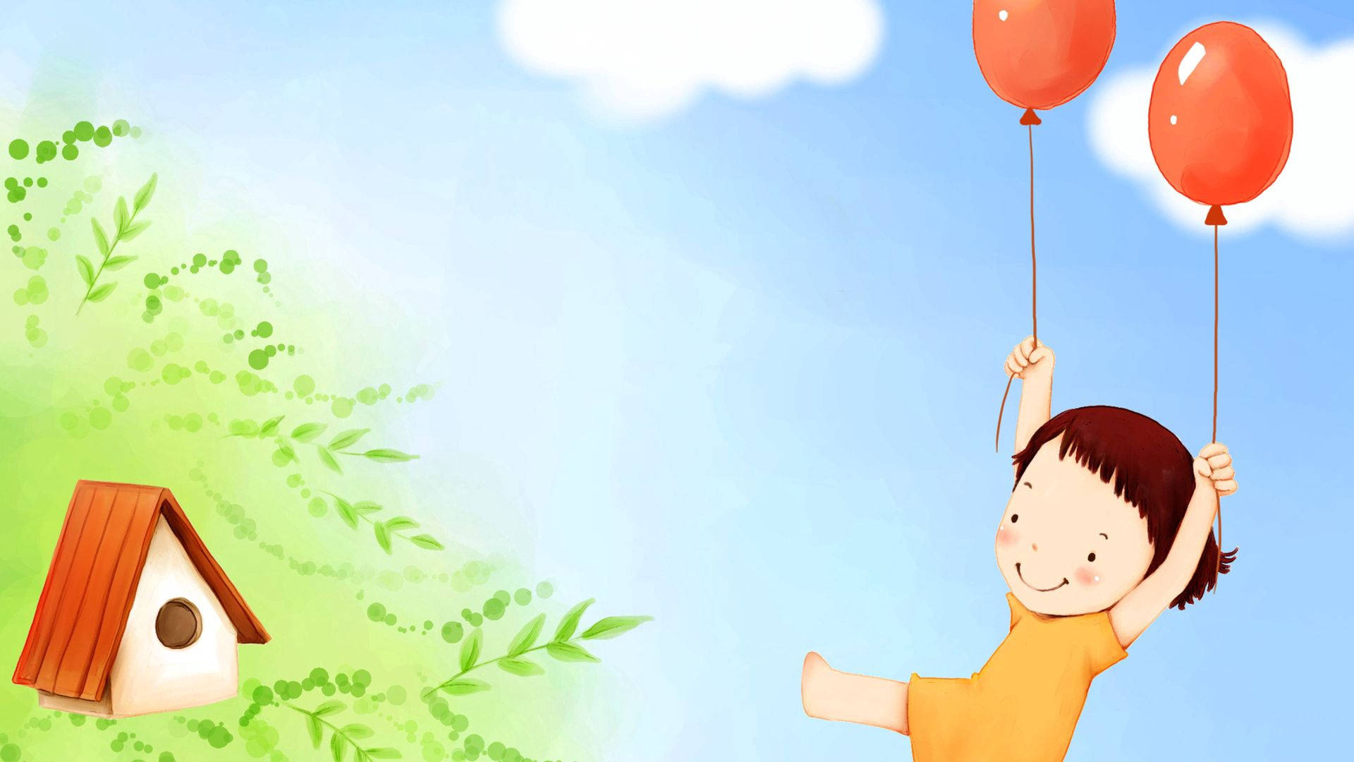 かわいい鳥の巣箱とカラフルなボールのイラスト 壁紙