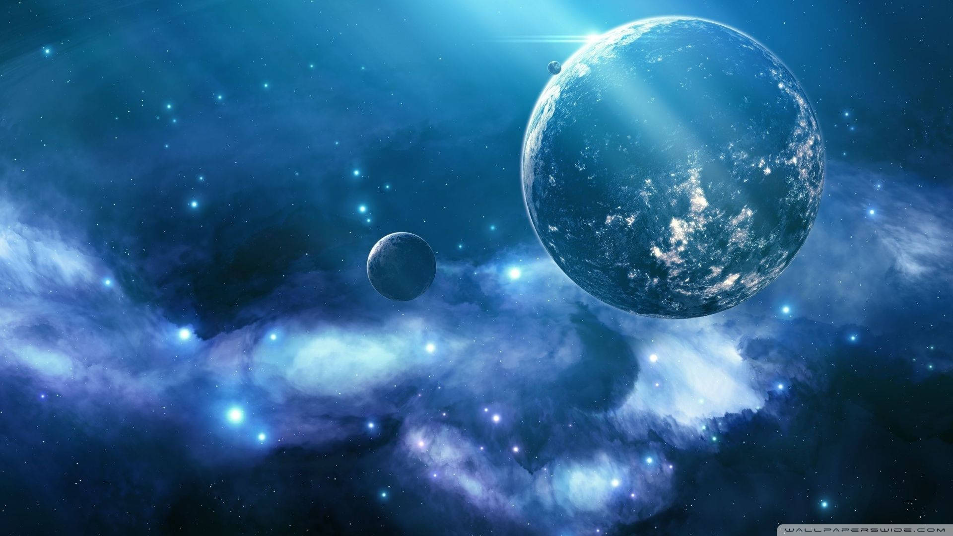 青い銀河に輝く星々と天体の球体、ギャラクシーHD壁紙