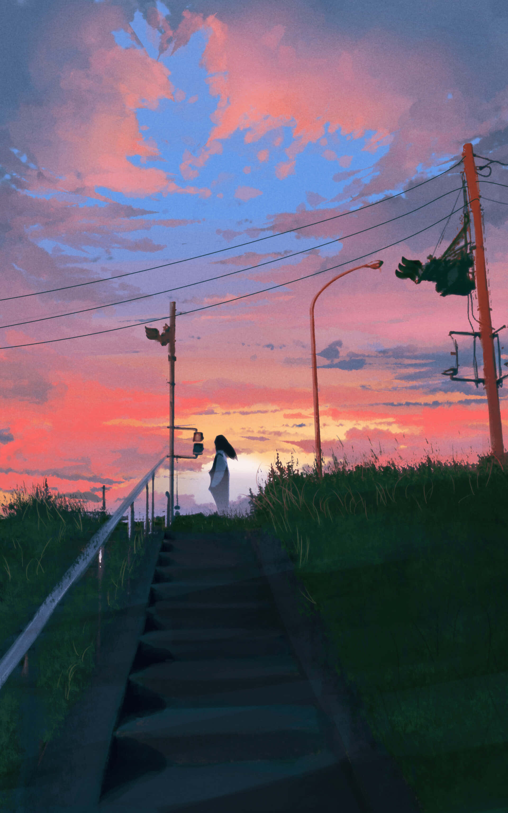 少女アニメ 夕日アートポートレート 壁紙