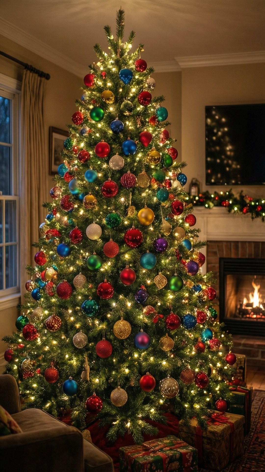 居心地の良いクリスマスツリーのリビングルーム 壁紙