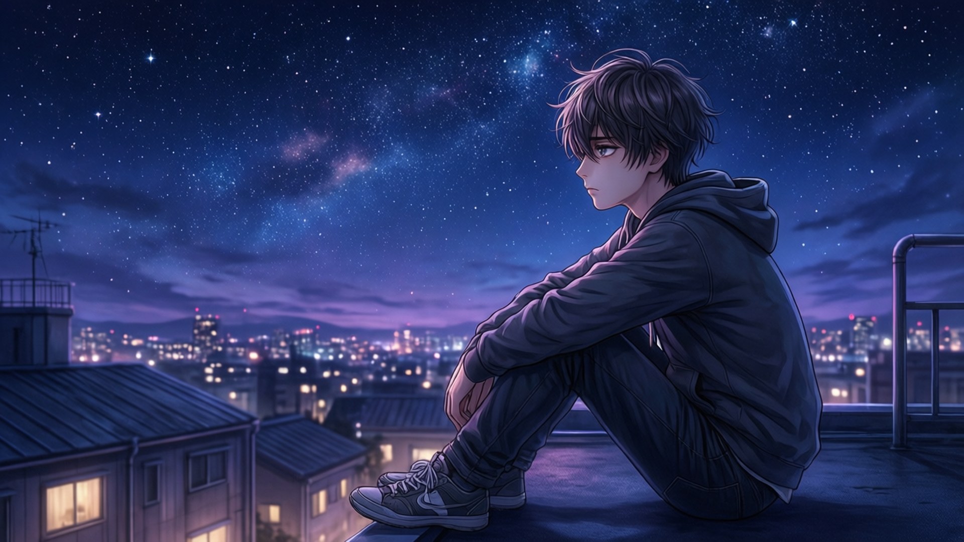 屋上で星を眺める少年 壁紙