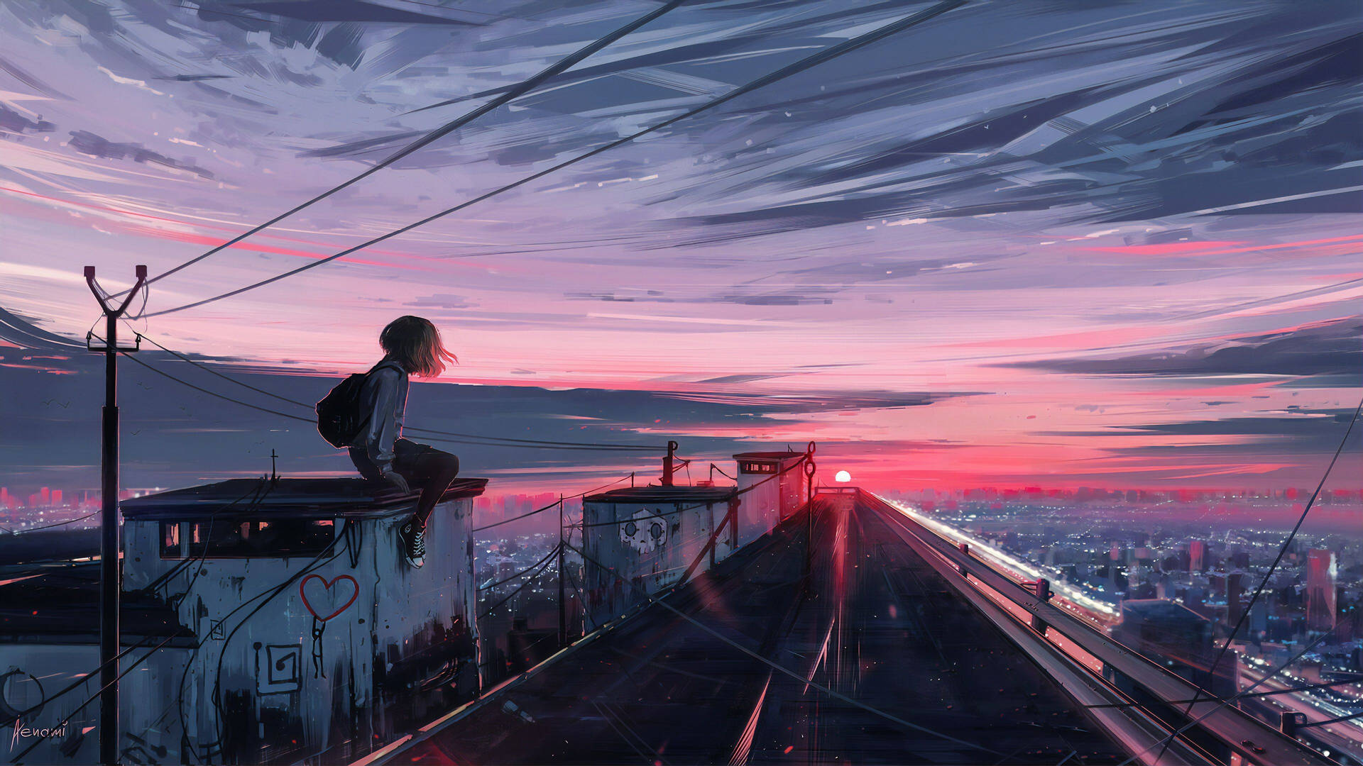 屋上の少女 アニメ風 夕焼け — アニメ ライブGIF 壁紙