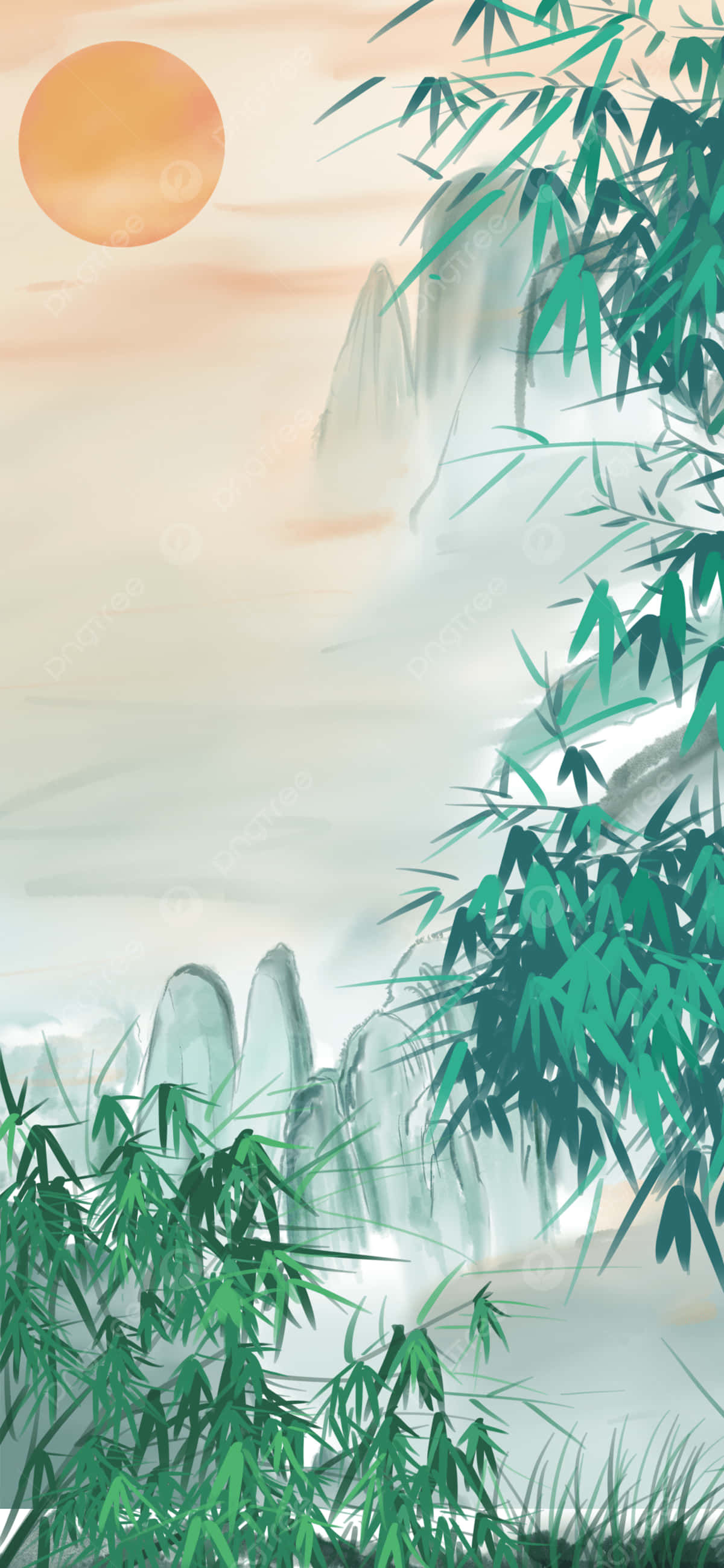 山々のある竹林の絵 壁紙