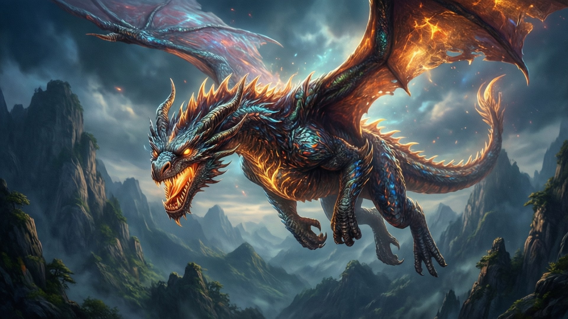 山々の上を舞うドラゴン 壁紙