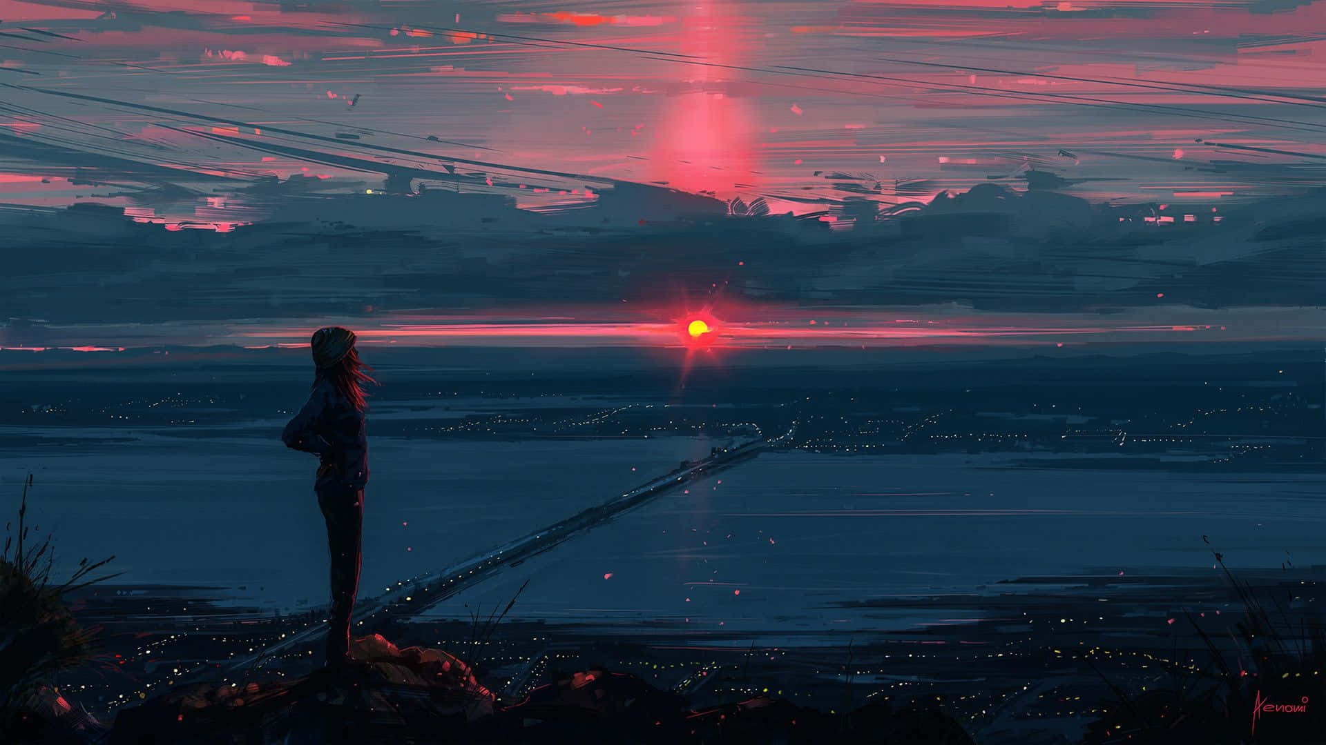 崖の上から夕焼けの街を見下ろすアニメ少女