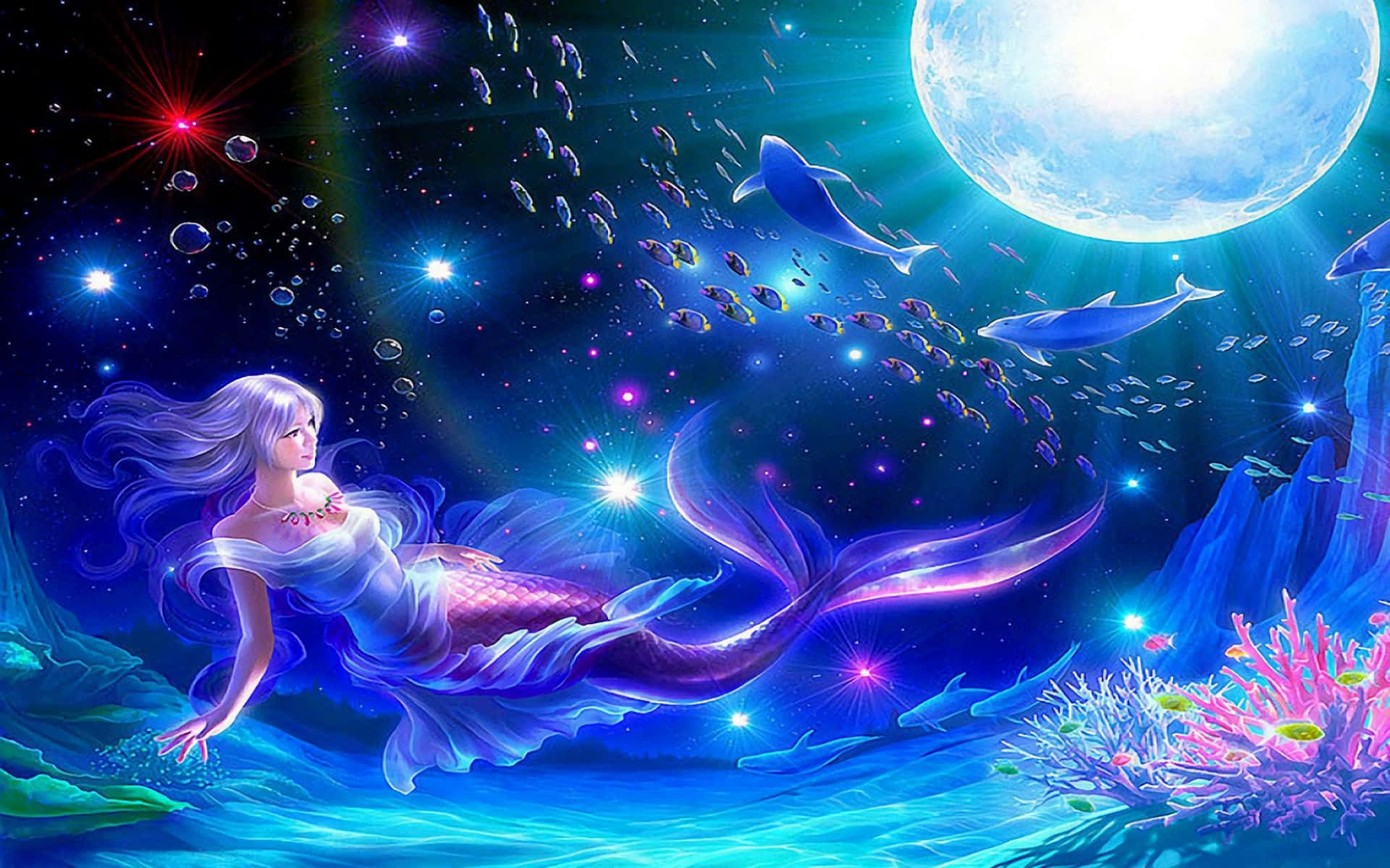 幻想的で可愛い人魚と海の生き物たち 壁紙