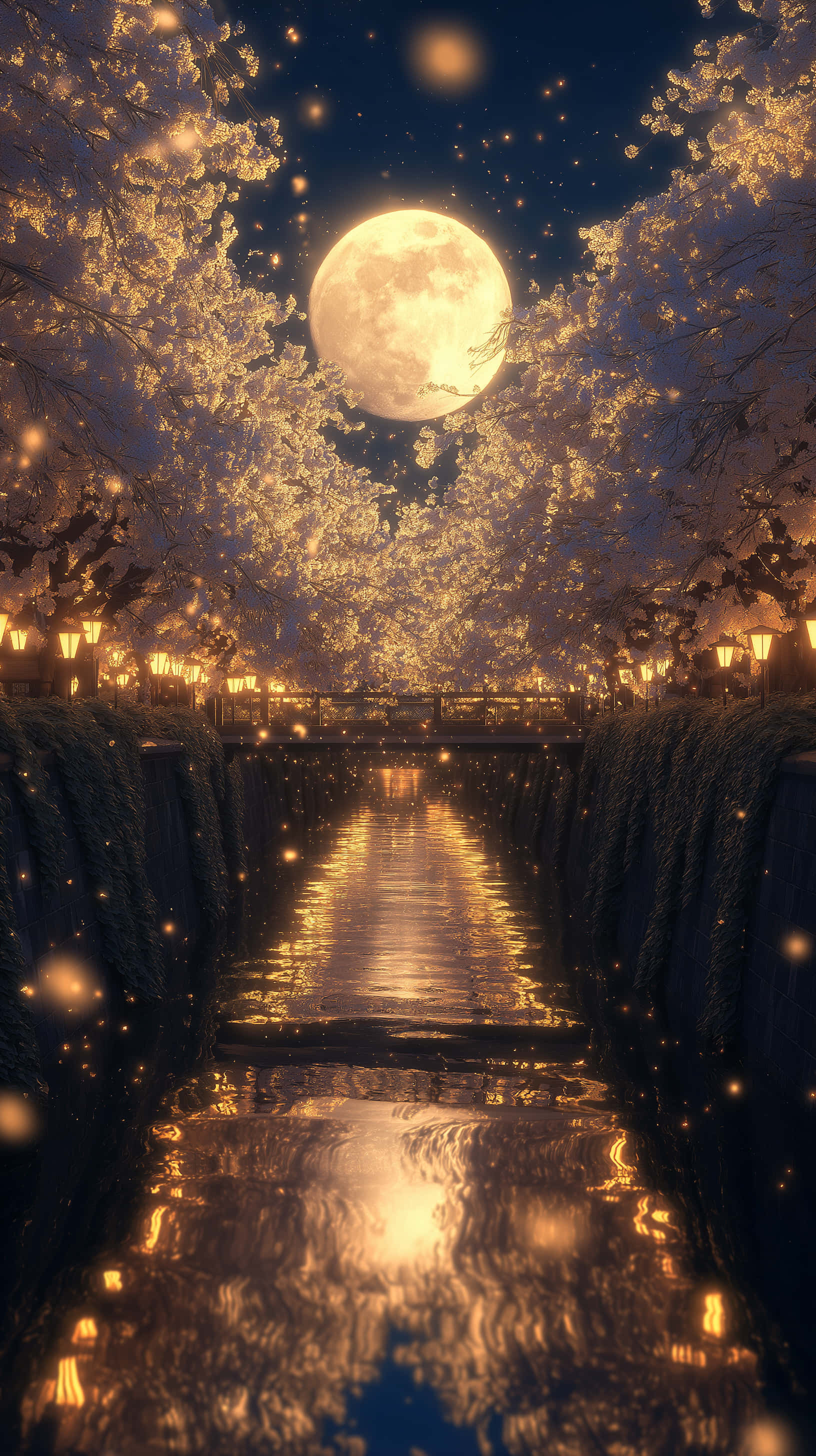 幻想的な月明かりの川と光る桜 壁紙