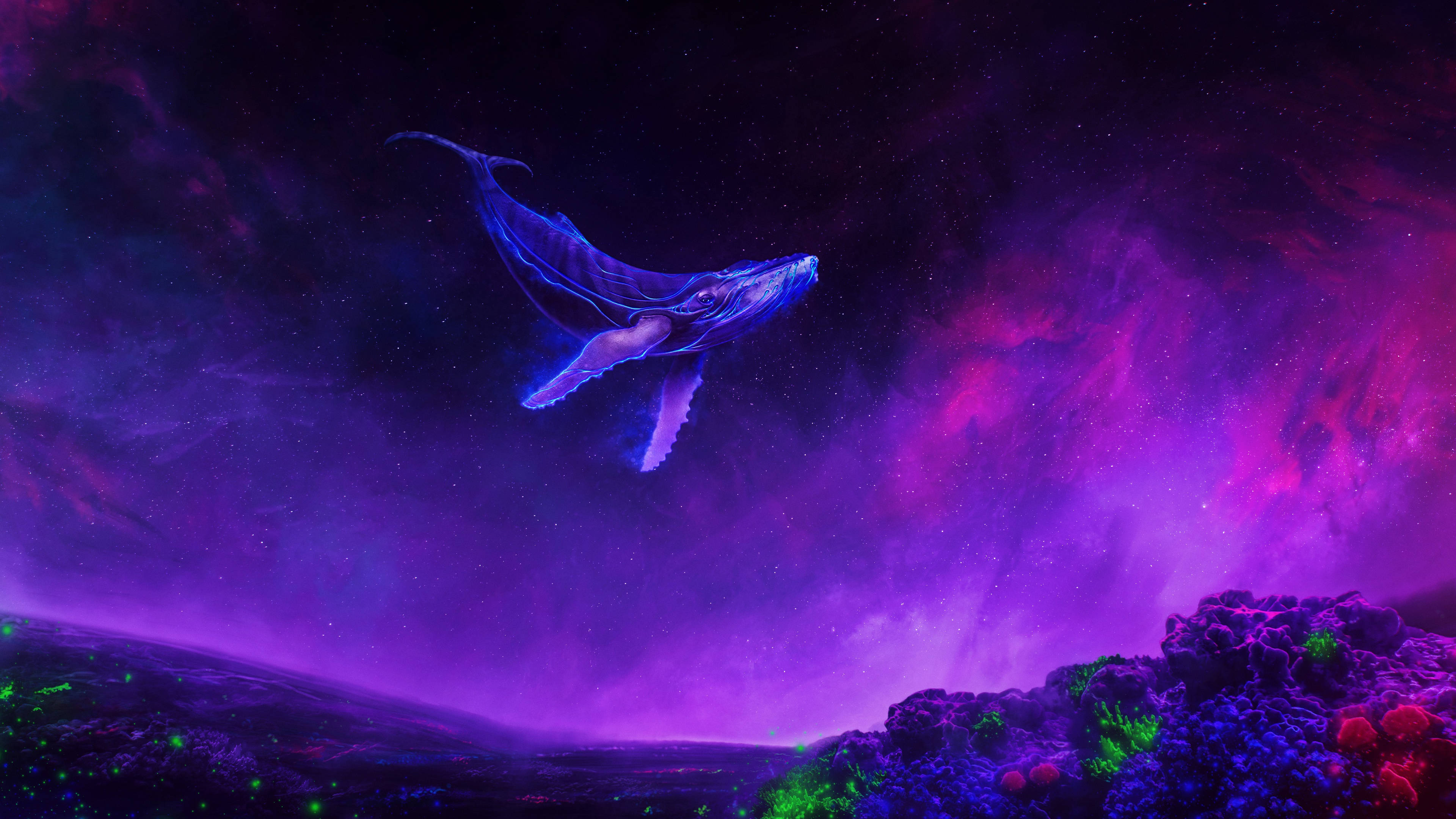 幻想的な浮遊クジラ 4K パープル 壁紙