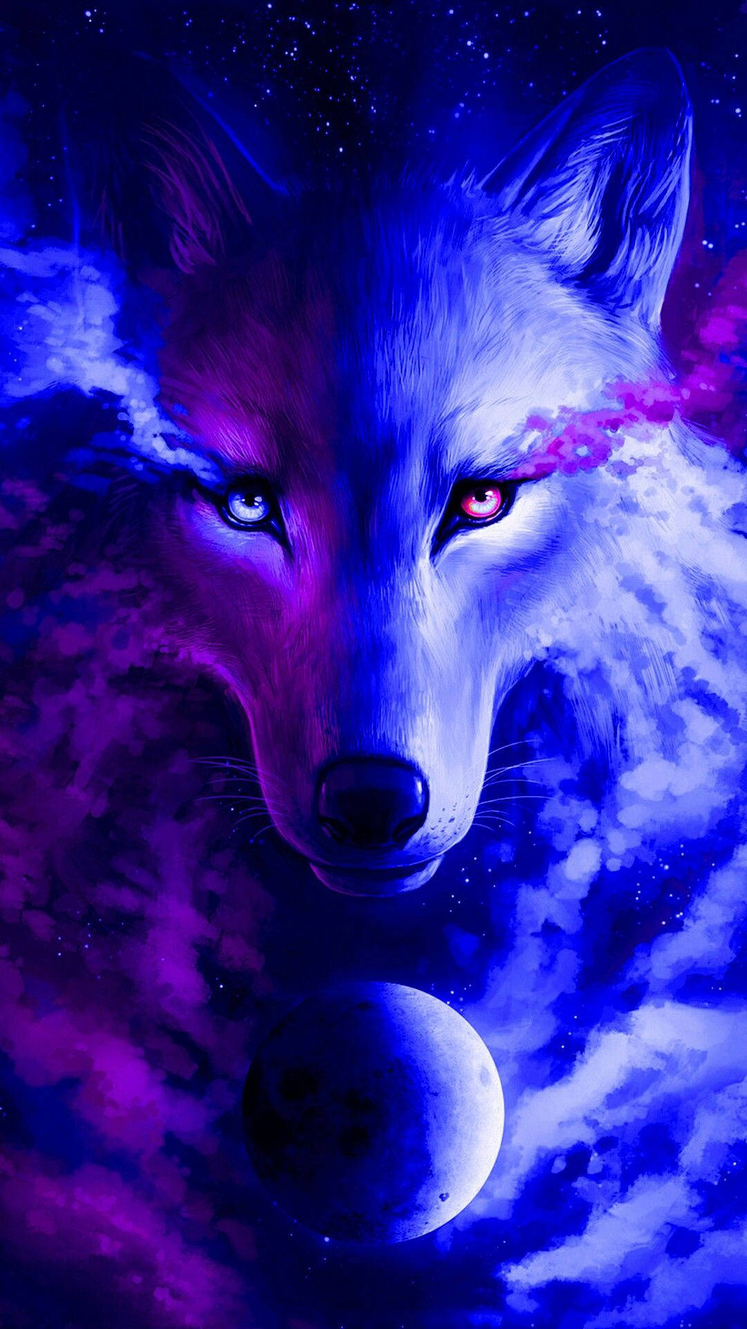 幻想的な銀河の狼と月 壁紙