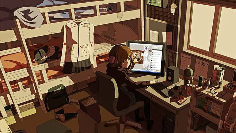影に照らされたアニメ少女のノートPC作業スペース 壁紙