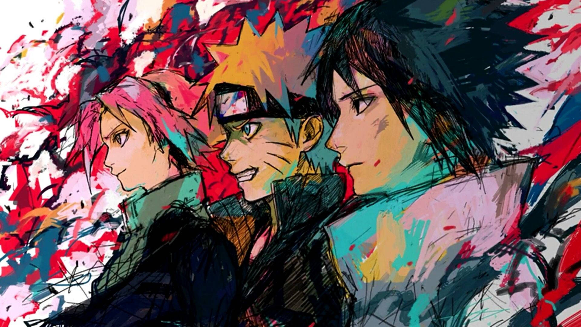 カラフルなファンアートの壁紙に描かれたナルトとその仲間たち。