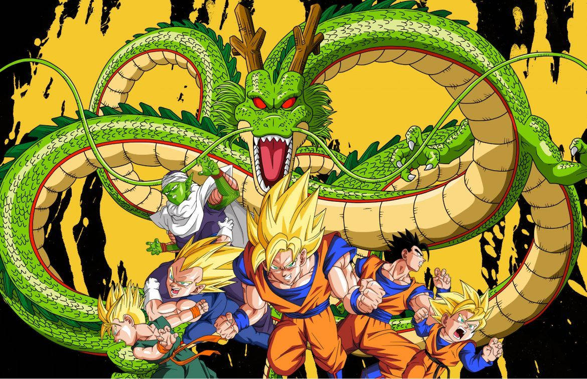 ドラゴンボールZ 孫悟空と他のキャラクターが超サイヤ人モードで、緑の龍神龍と共に