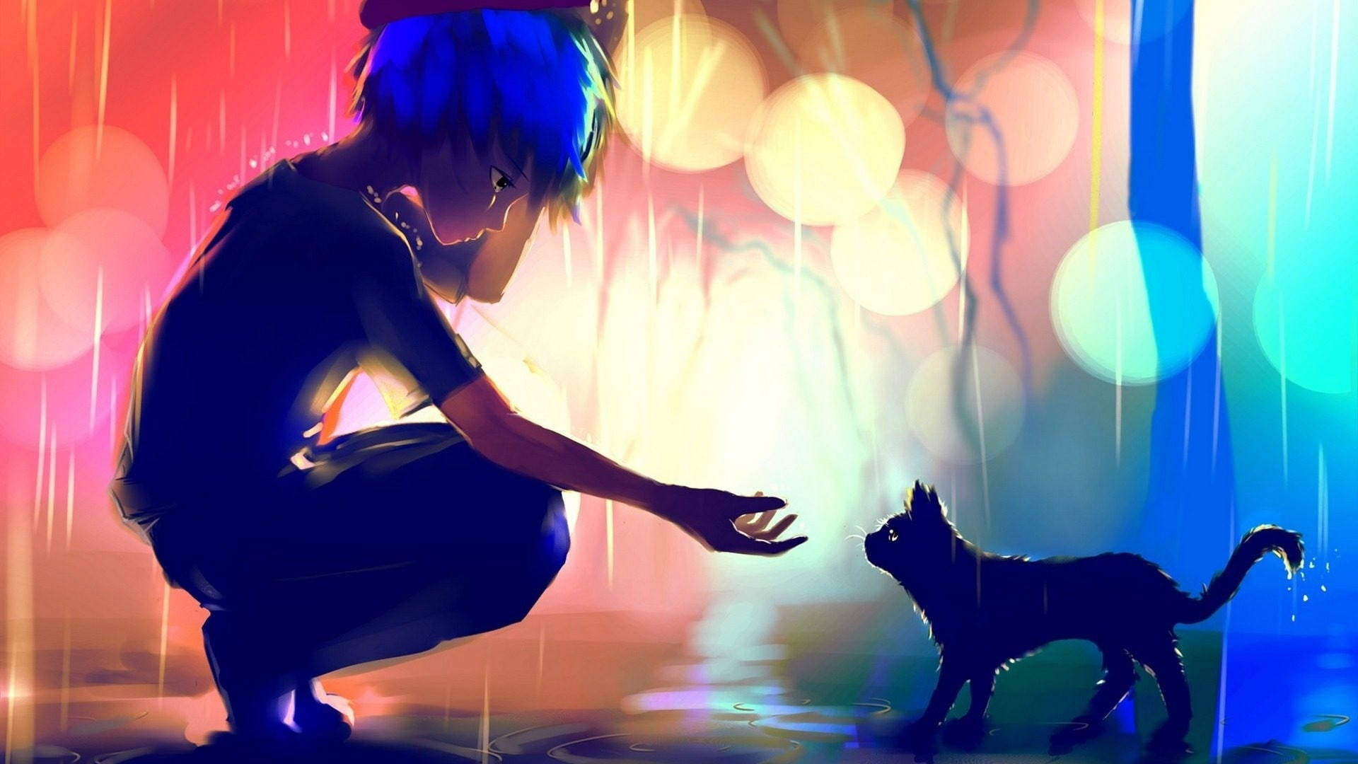 悲しげな少年が黒猫を撫でる 壁紙