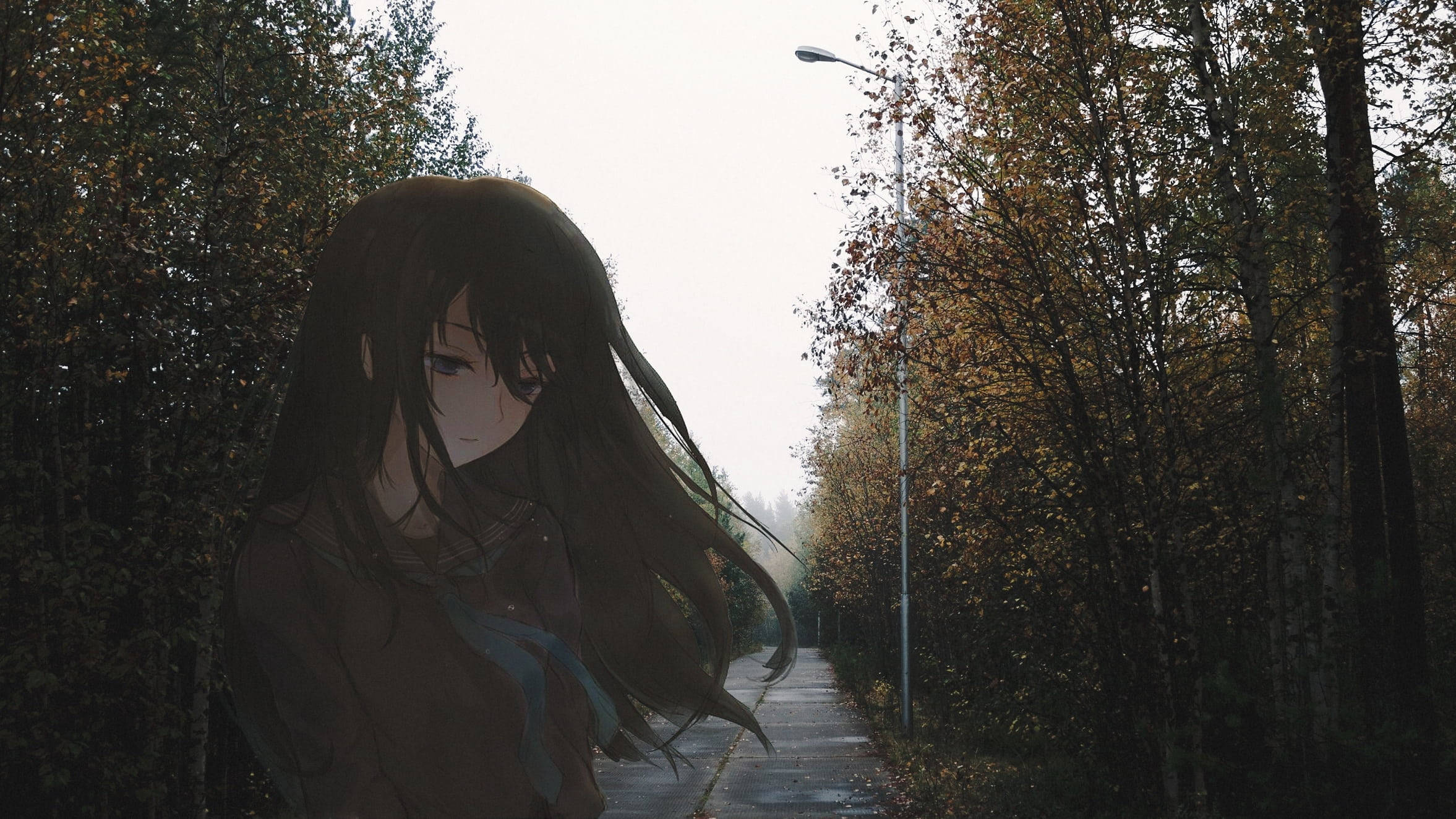 悲しそうなアニメの少女がうつむいている 壁紙