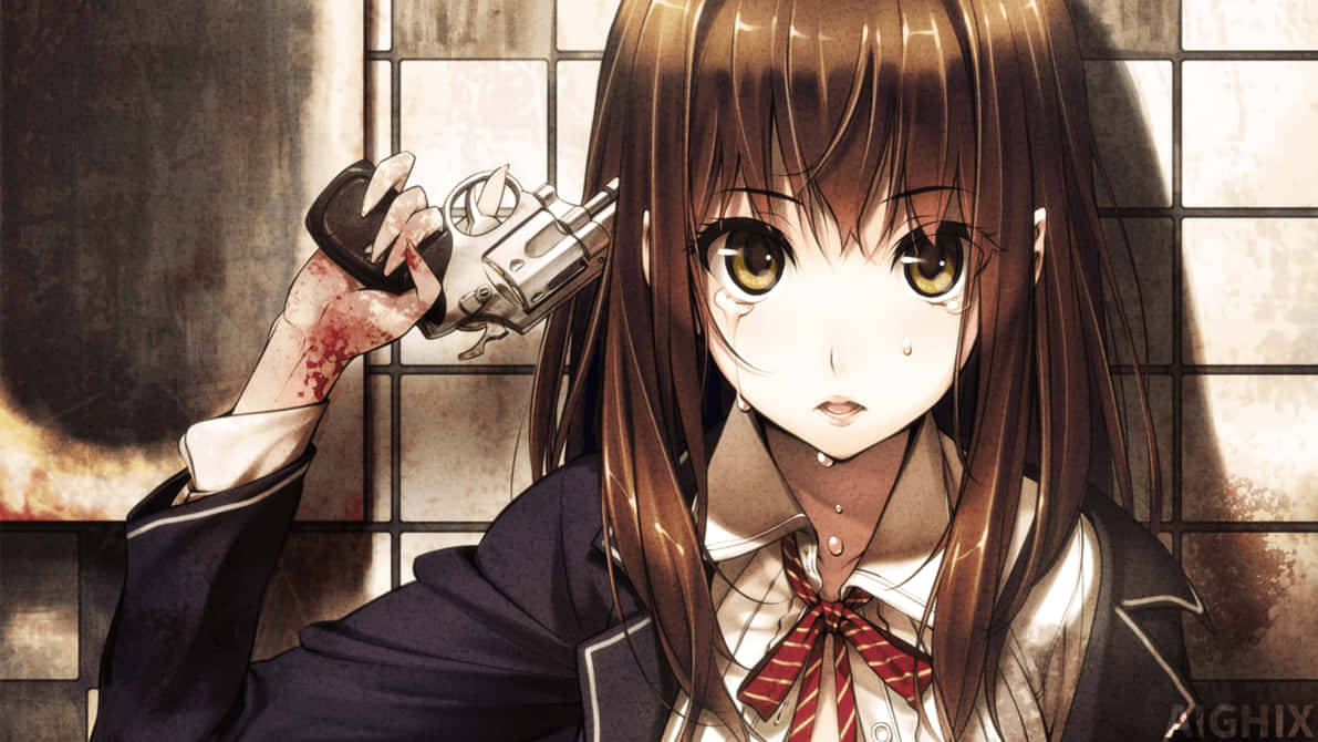 血のついた手で銃を頭に向ける悲しげなアニメ少女のHD壁紙。