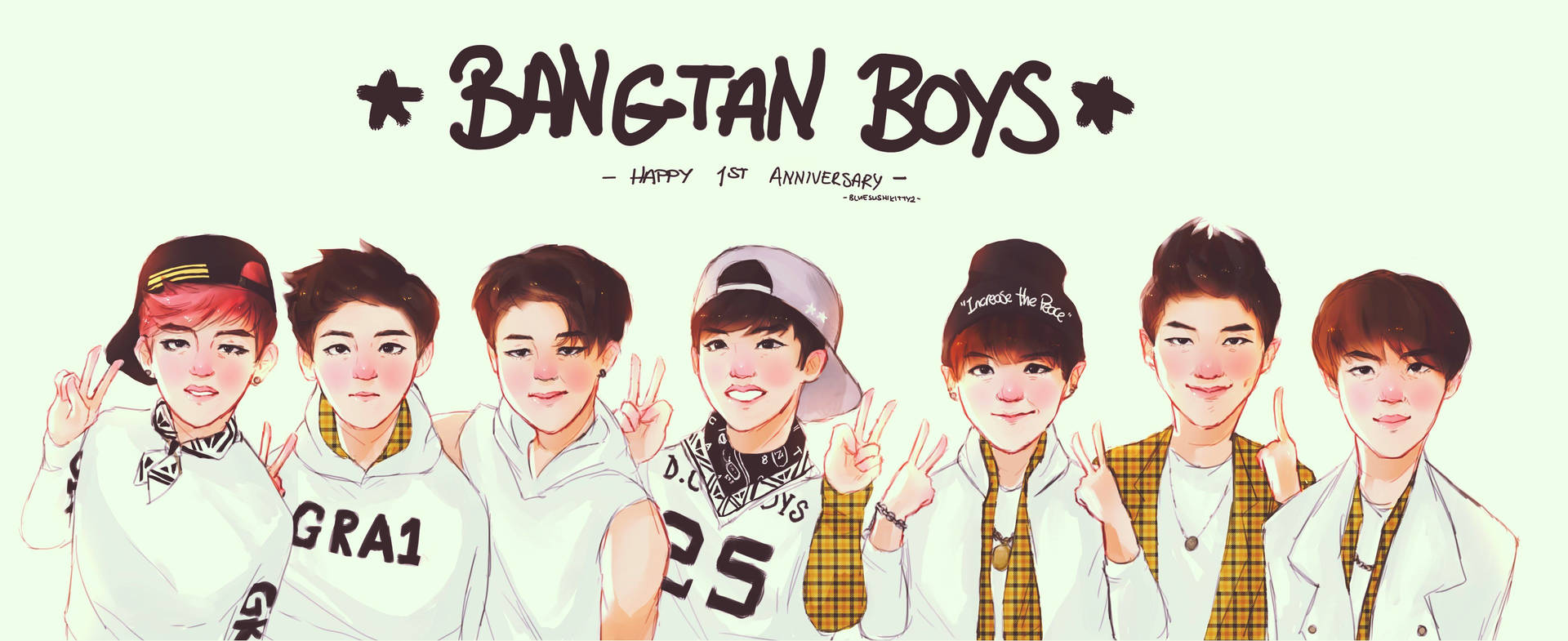 BTSのバンタンボーイズの漫画ファンアート、かわいい背景。