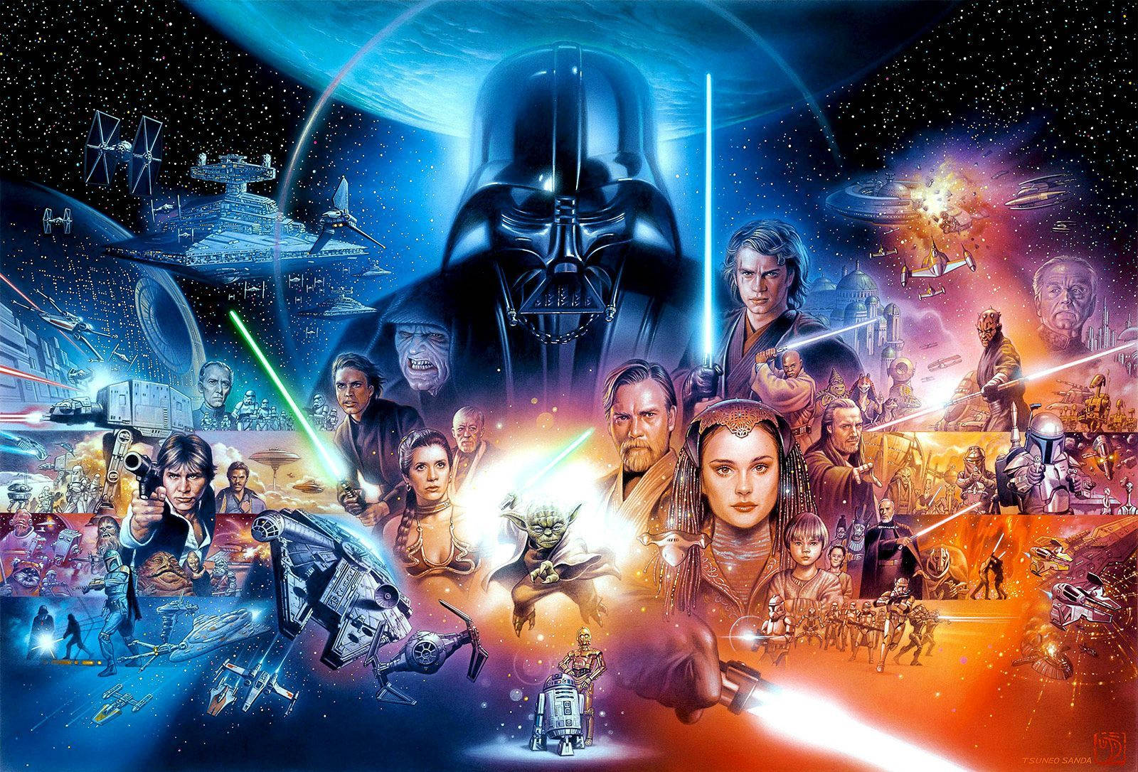 赤と青のチームに分かれたスター・ウォーズのキャラクターたちが、光る剣を手にしている。
