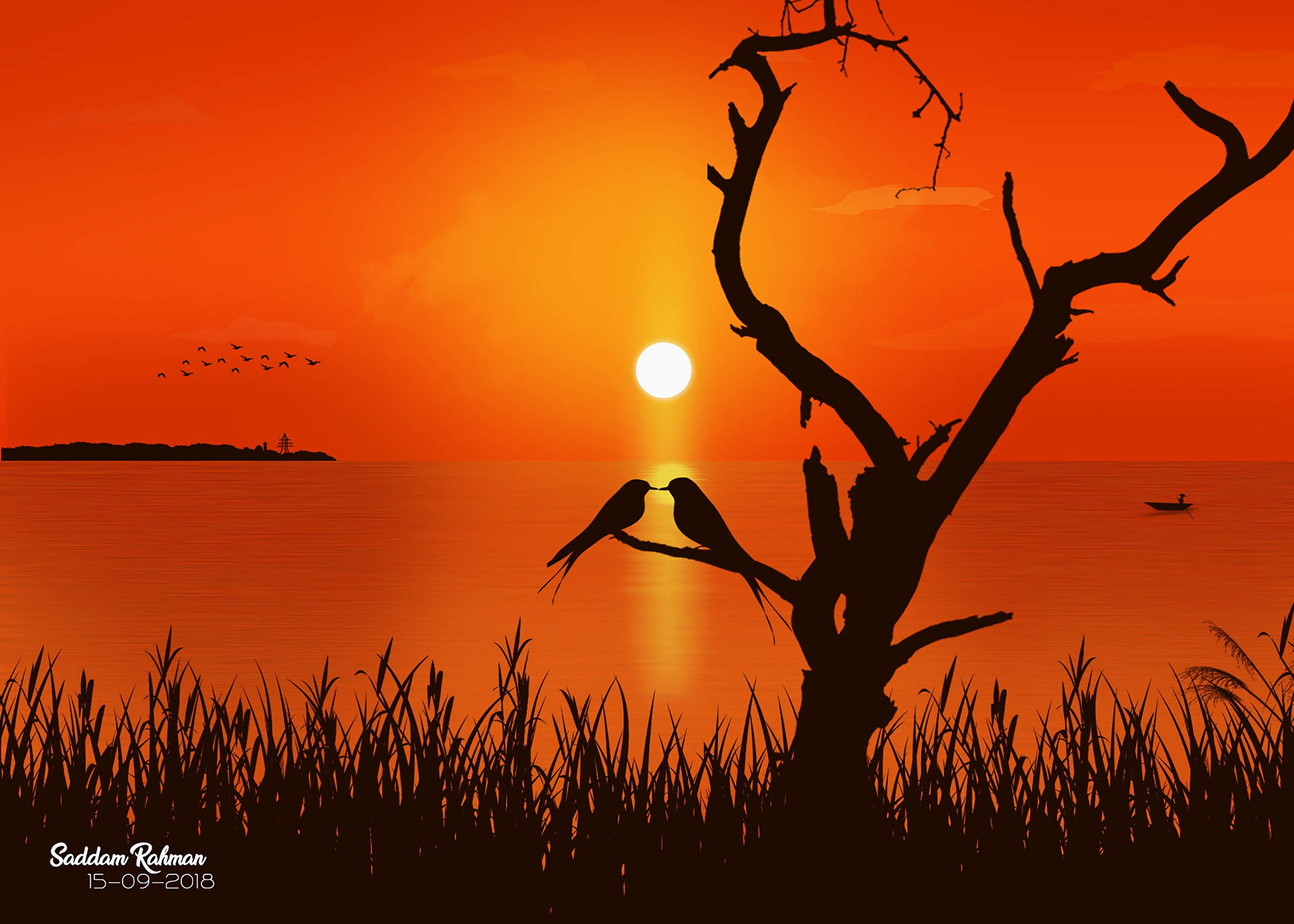 オレンジの夕日と海を背景に、木の枝にとまる愛の鳥のシルエット。バレンタインデーの愛のアート。