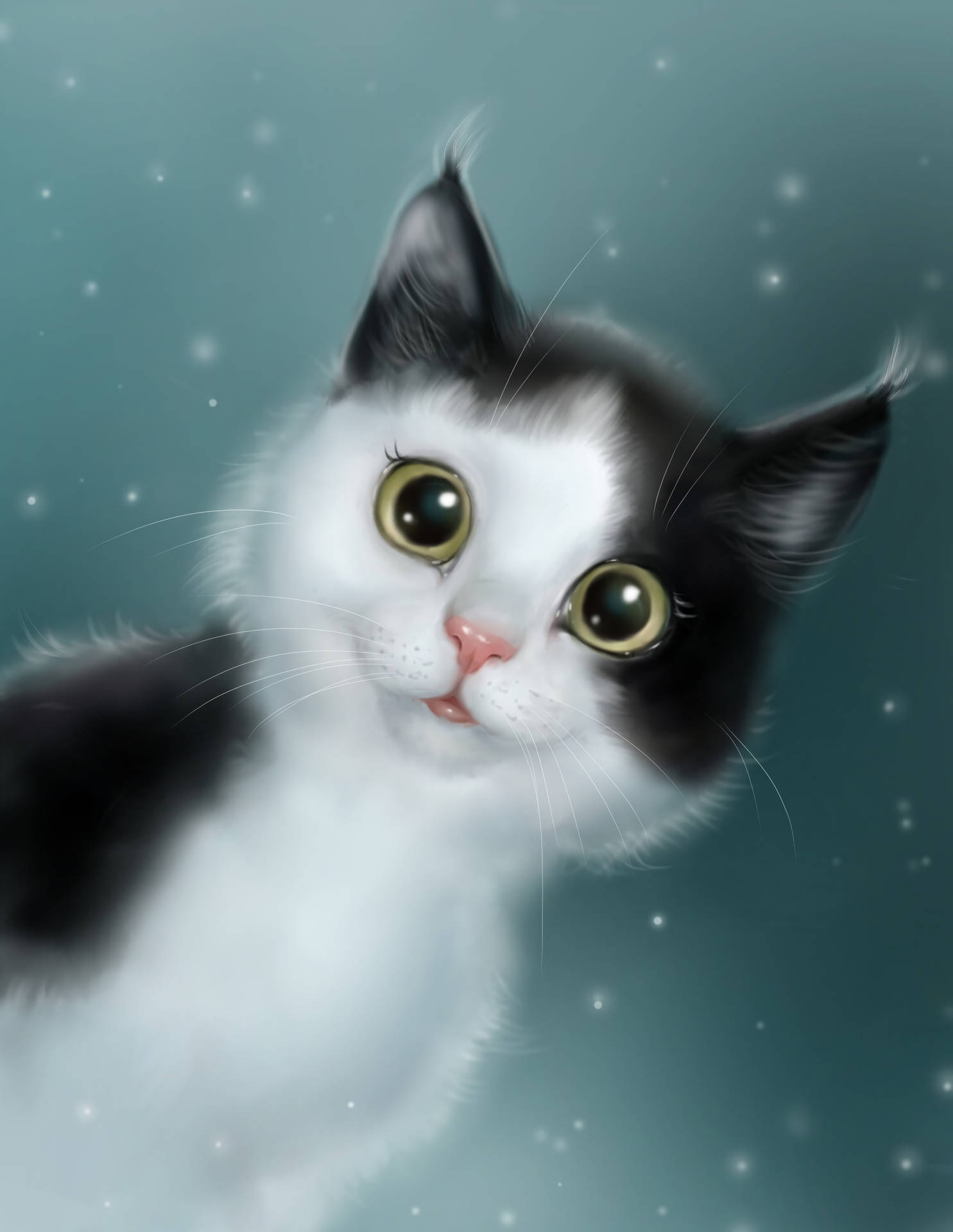 柔らかくダイナミックな、かわいい白い猫の壁紙の絵画。