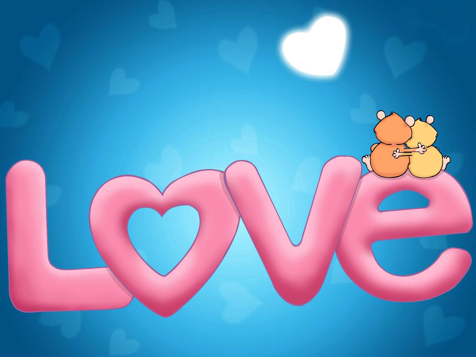 ピンクの「love」の文字の上にカップルの猫が座って抱き合い、青い背景にフェードしたハート。