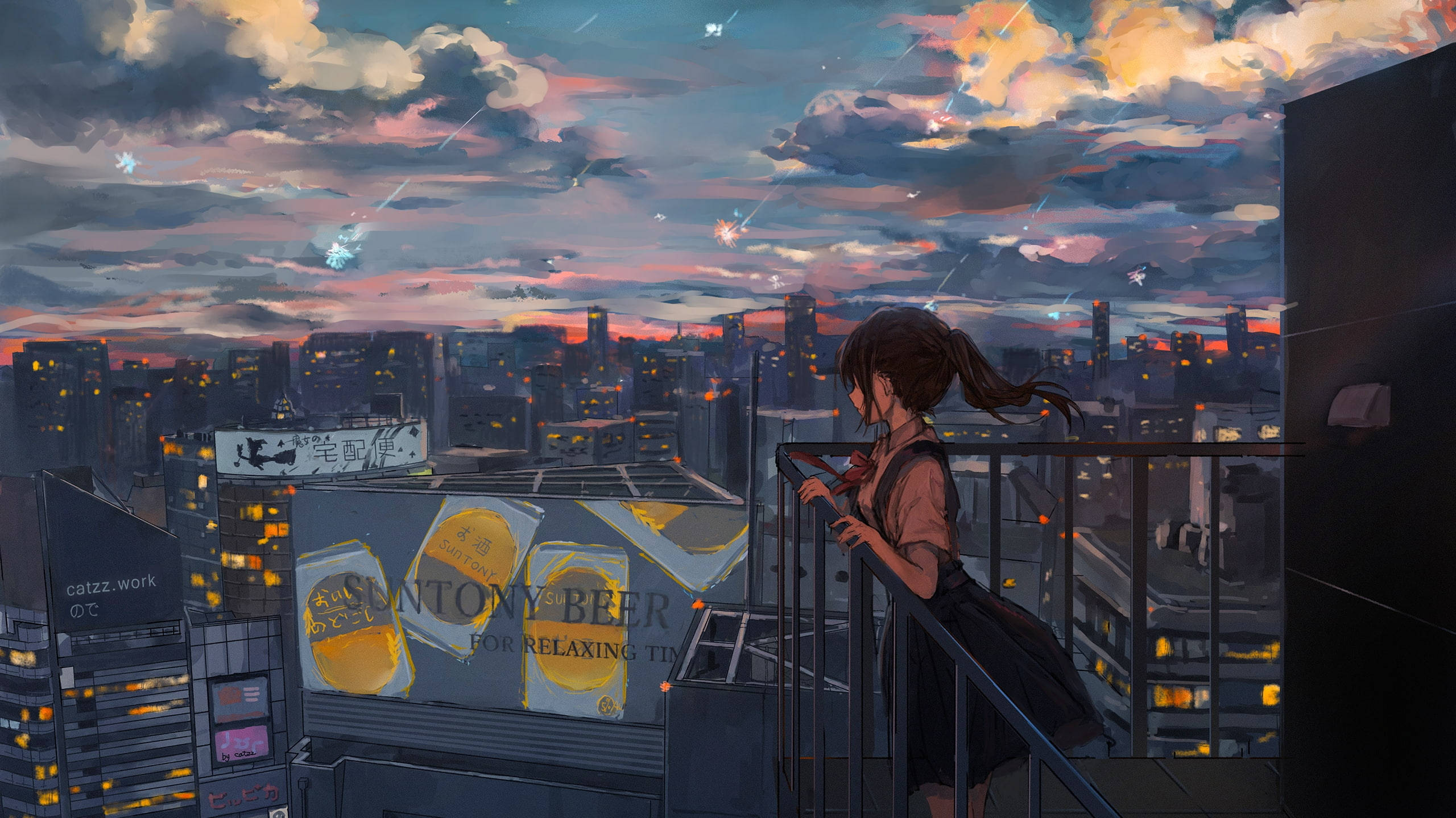 憂鬱なアニメ少女がバルコニーに立つ 壁紙