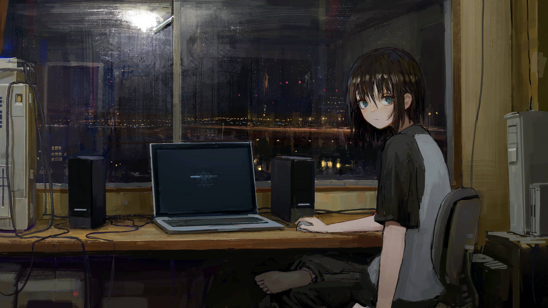 憂鬱な机のアニメ少女 壁紙