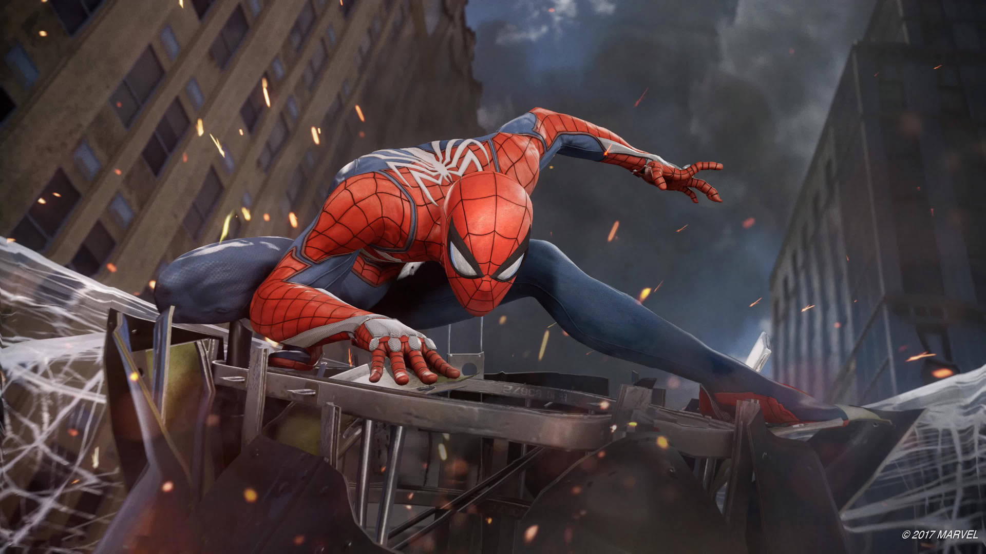 スパイダーマン、マーベルのスーパーヒーローがアクション中、廃墟の街がある戦場で。