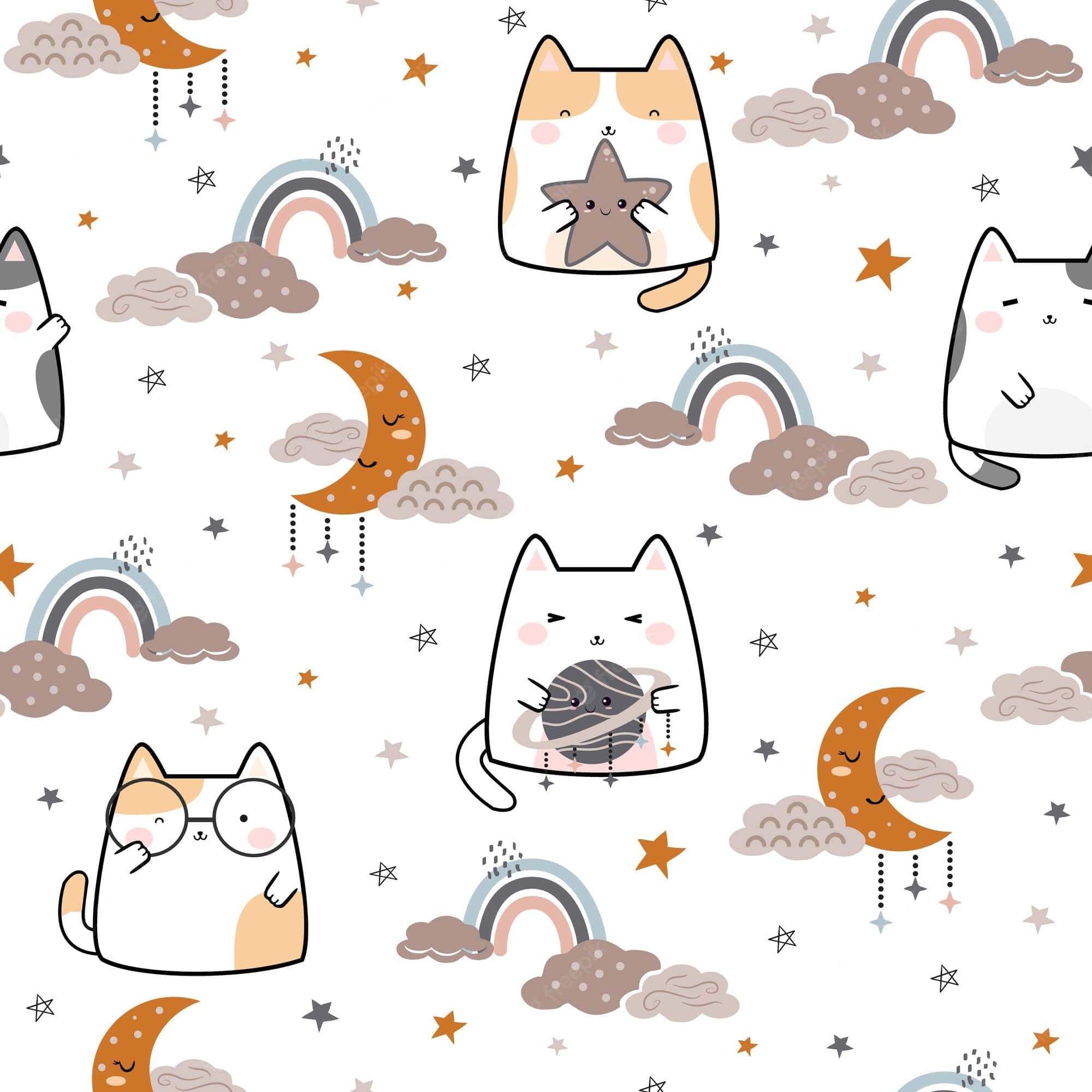 手描きのかわいい猫柄 壁紙