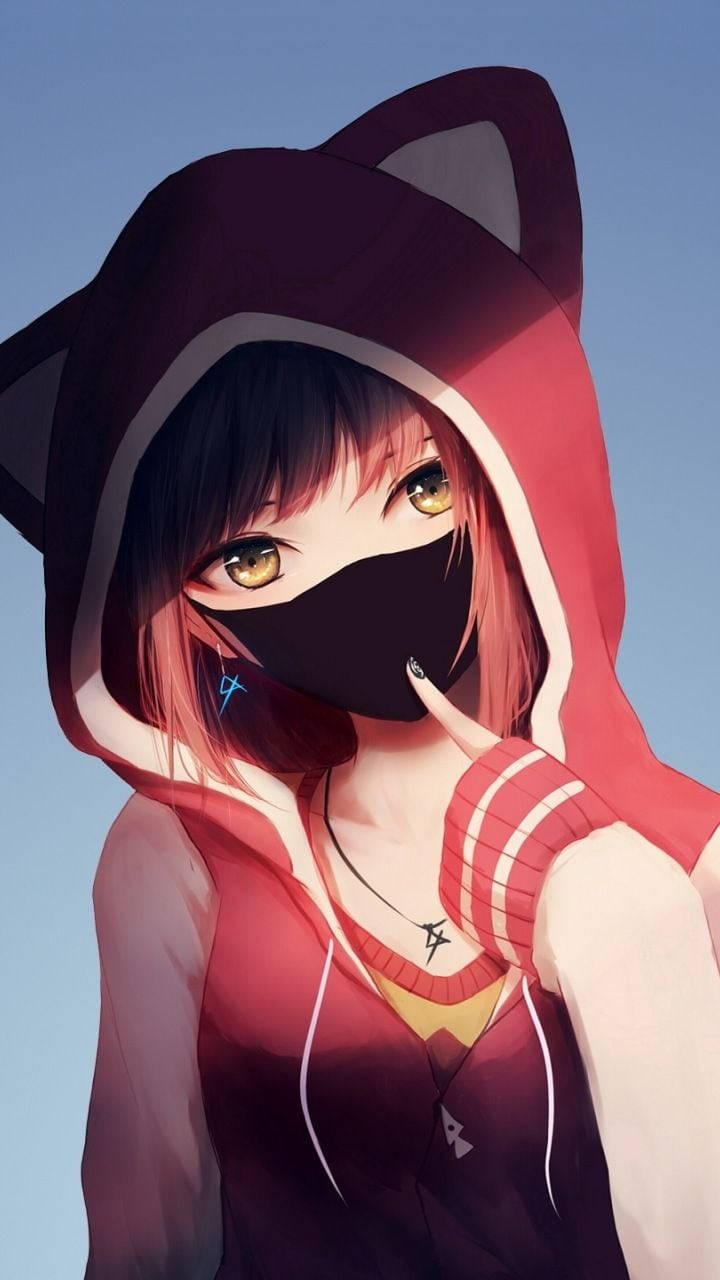 指でマスクを指すかわいいアニメ少女 iPhone 壁紙