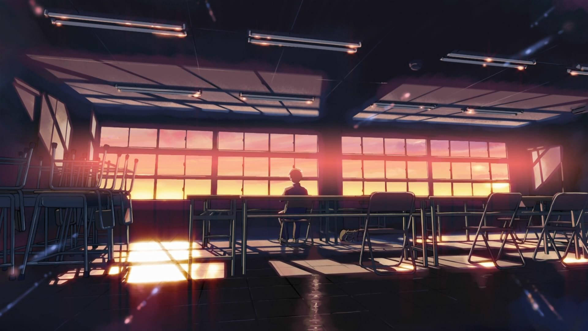 放課後の教室にいる学生のアニメ学校風景 壁紙
