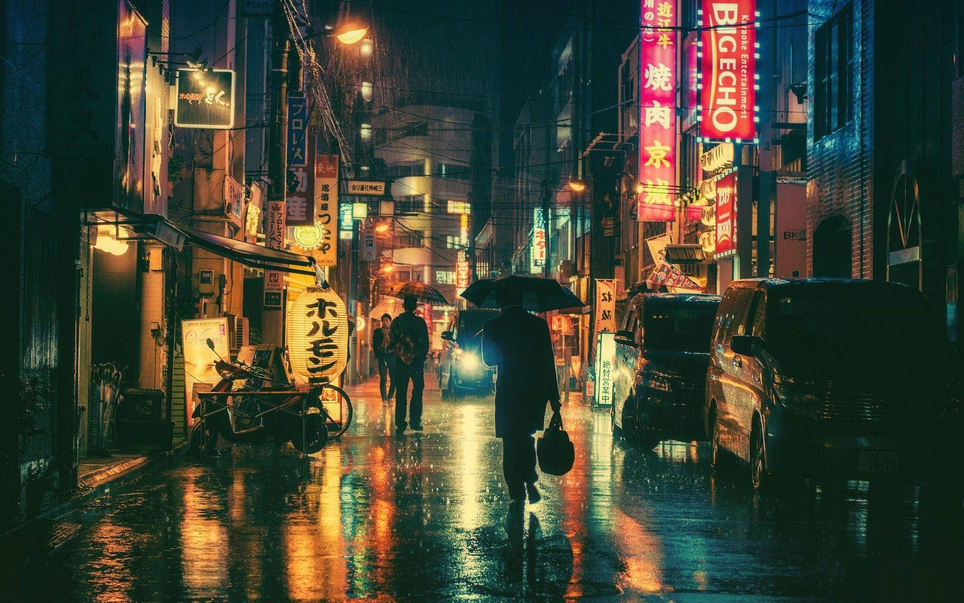 日本のアニメシティ ネオン看板のある街並み 壁紙