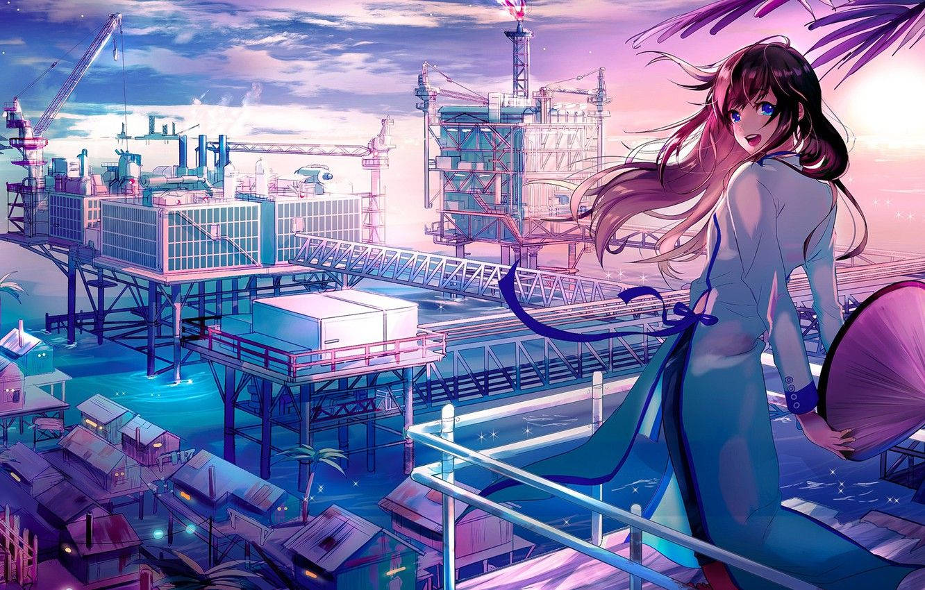 日本のアニメ風都市とピンク髪の少女 壁紙